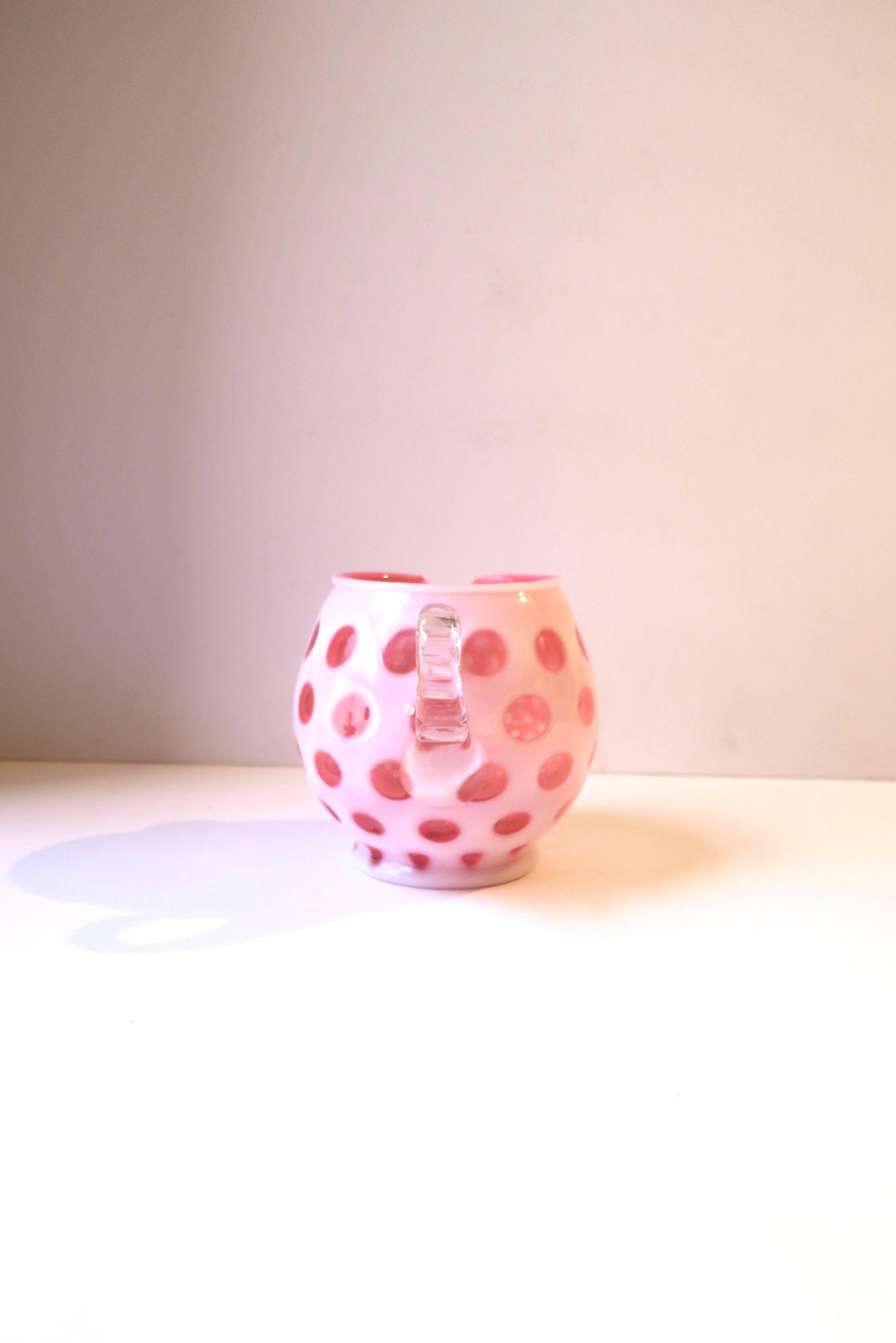 White and Pink Polka Dot Art Glass Pitcher or Vase 4