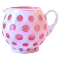 White and Pink Polka Dot Art Glass Pitcher or Vase