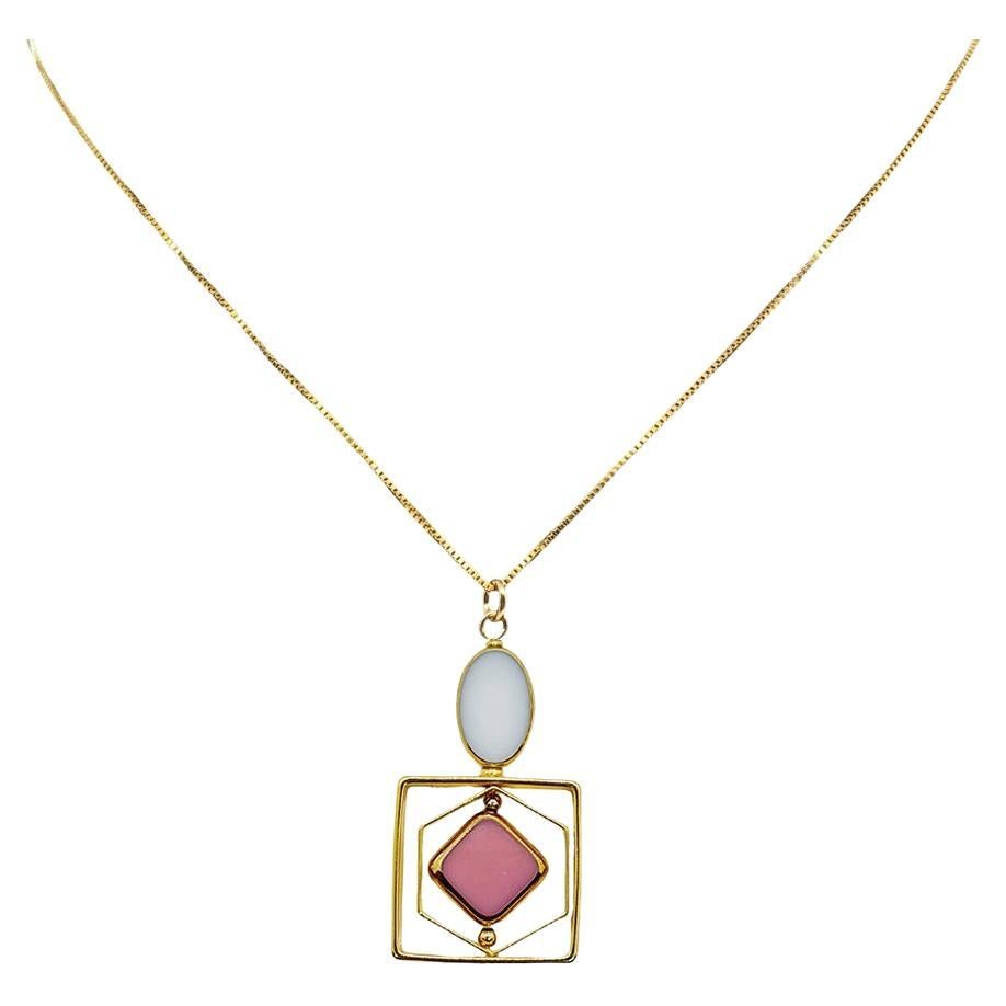 White And Pink Vintage German Glass Beads, Art  Deco 2410N Chain Necklace For Sale