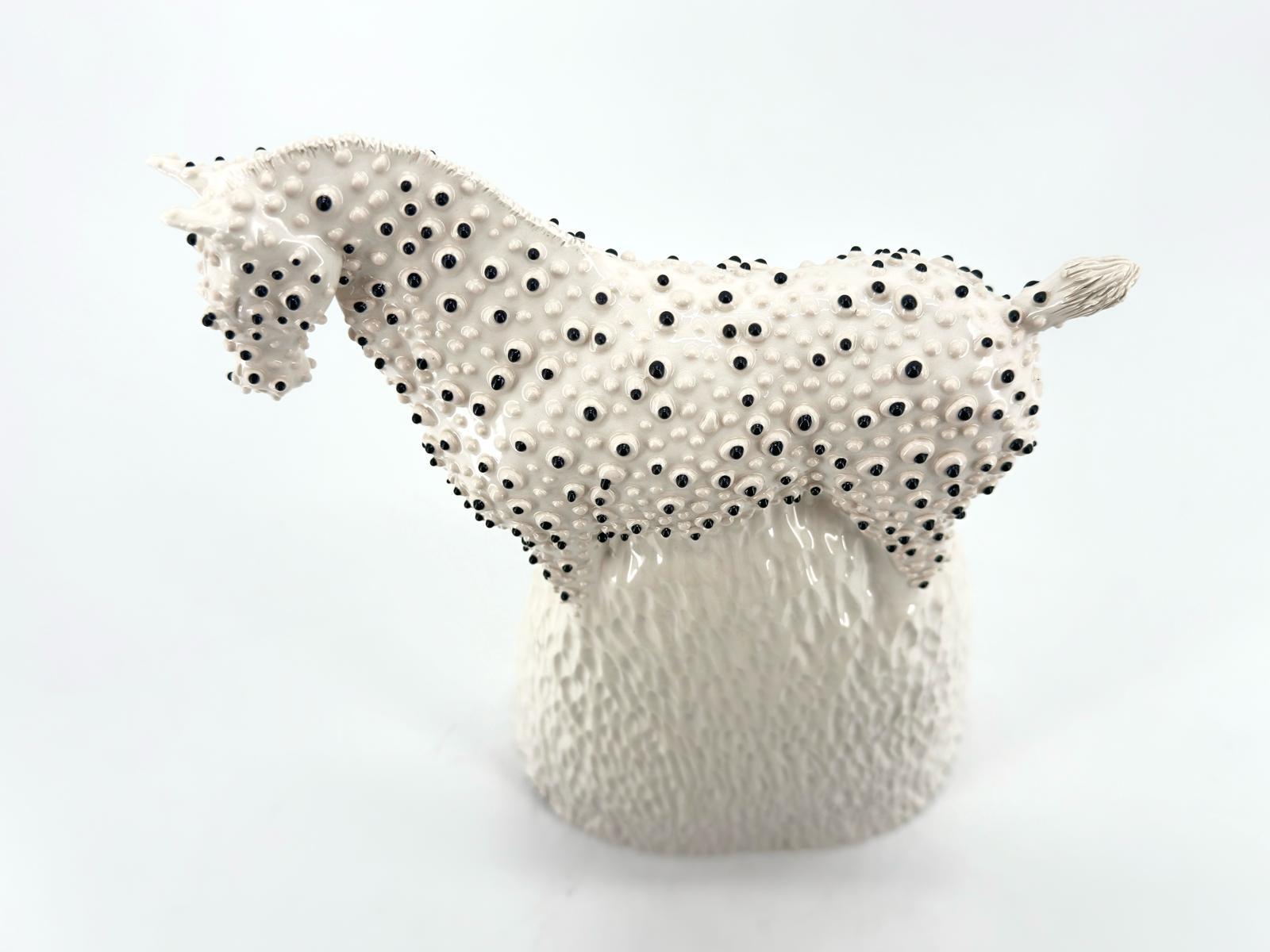 Contemporary White and Pois Horse, Ceramic Centerpiece, Handmade Without Mold, NEW 2024 For Sale