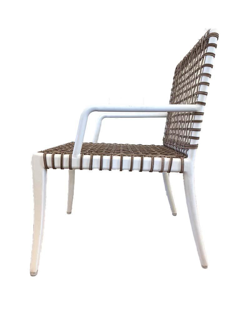Powder-Coated White and Rattan Woven Dining or Side Chairs with Arms