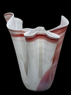 White and Red Art Glass Murano Handkerchief Vase, Modern, 1980s
