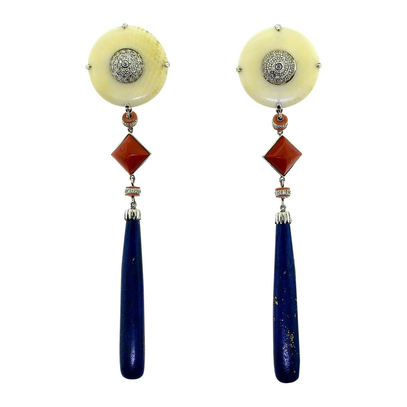 White and Red Coral Diamond, and Lapis Lazuli Drop Dangle Earrings in White Gold