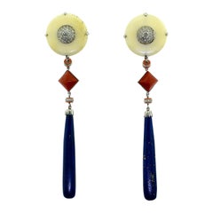 White and Red Coral Diamond, and Lapis Lazuli Drop Dangle Earrings in White Gold