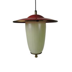 White and Red Glass Metal Pendant Lamp with Brass, 1950s