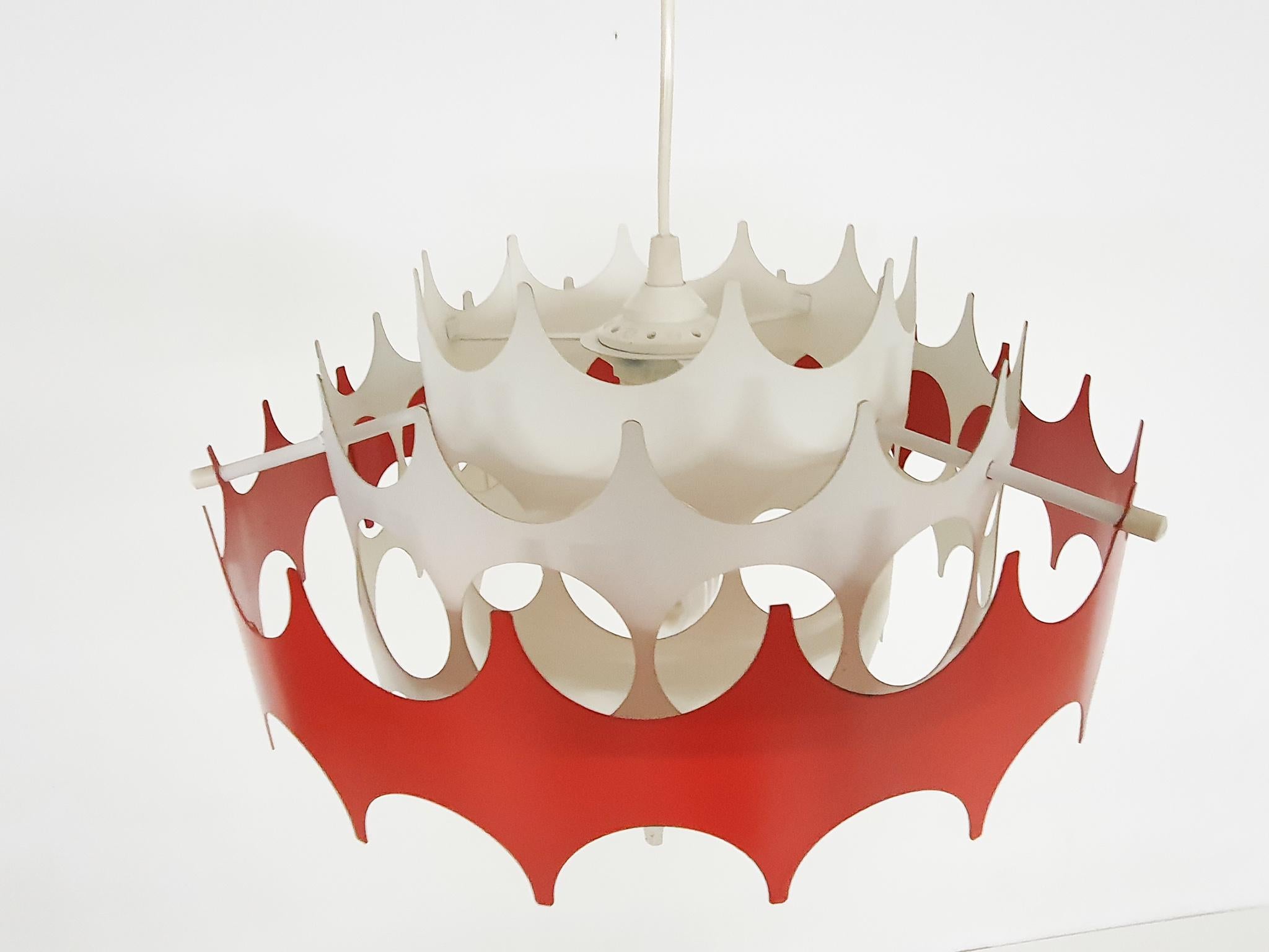 White and Red Metal Pendant Light by Doria, Germany, 1970's For Sale 5