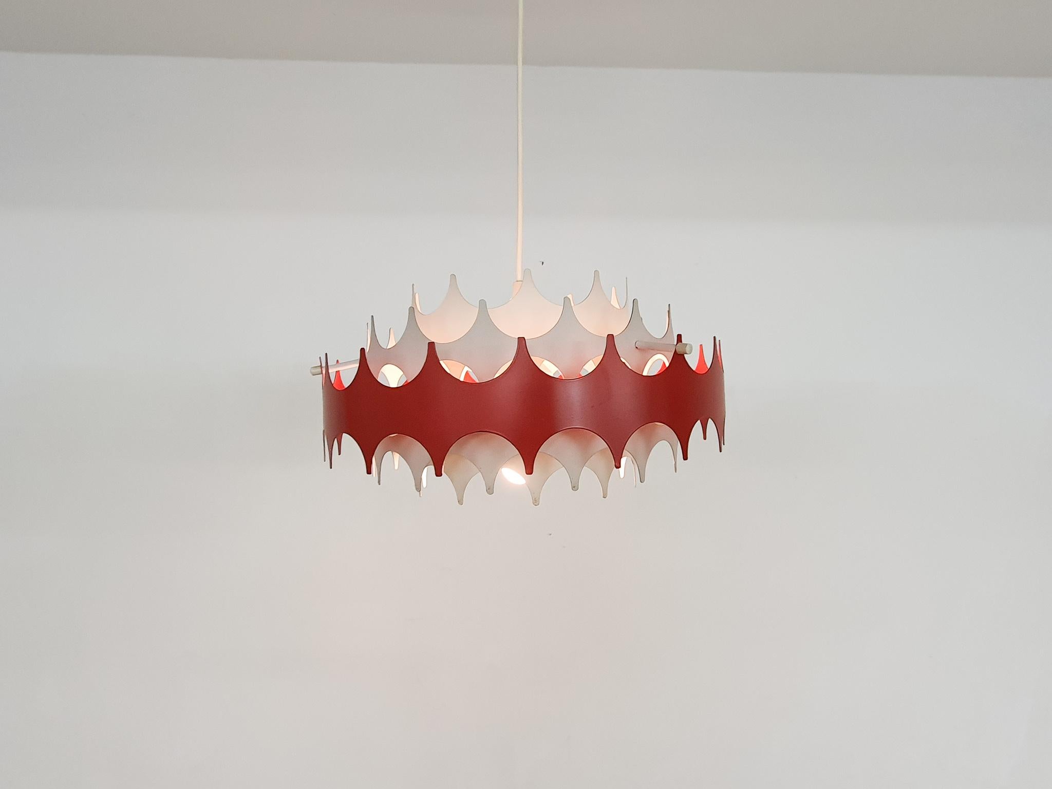 Mid-Century Modern White and Red Metal Pendant Light by Doria, Germany, 1970's For Sale