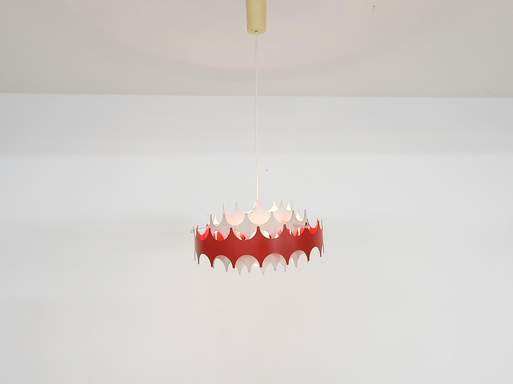 White and Red Metal Pendant Light by Doria, Germany, 1970's In Good Condition For Sale In Amsterdam, NL