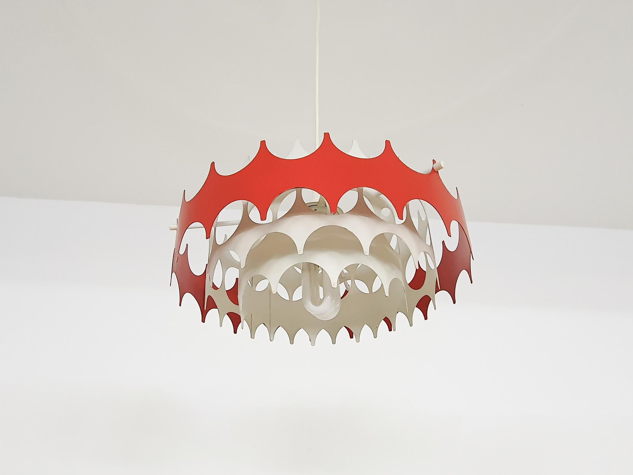 White and Red Metal Pendant Light by Doria, Germany, 1970's For Sale 2