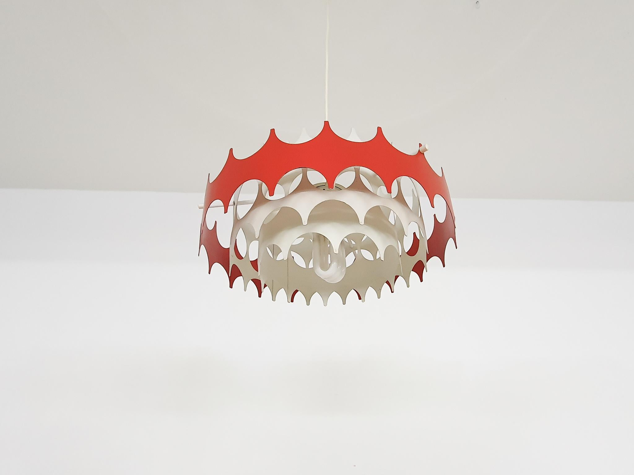 White and Red Metal Pendant Light by Doria, Germany, 1970's For Sale 3