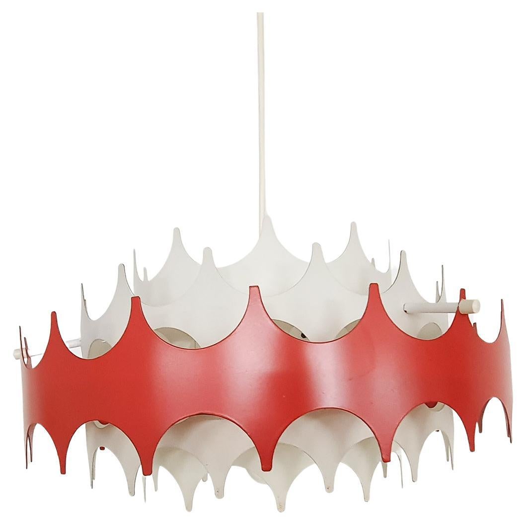 White and Red Metal Pendant Light by Doria, Germany, 1970's For Sale