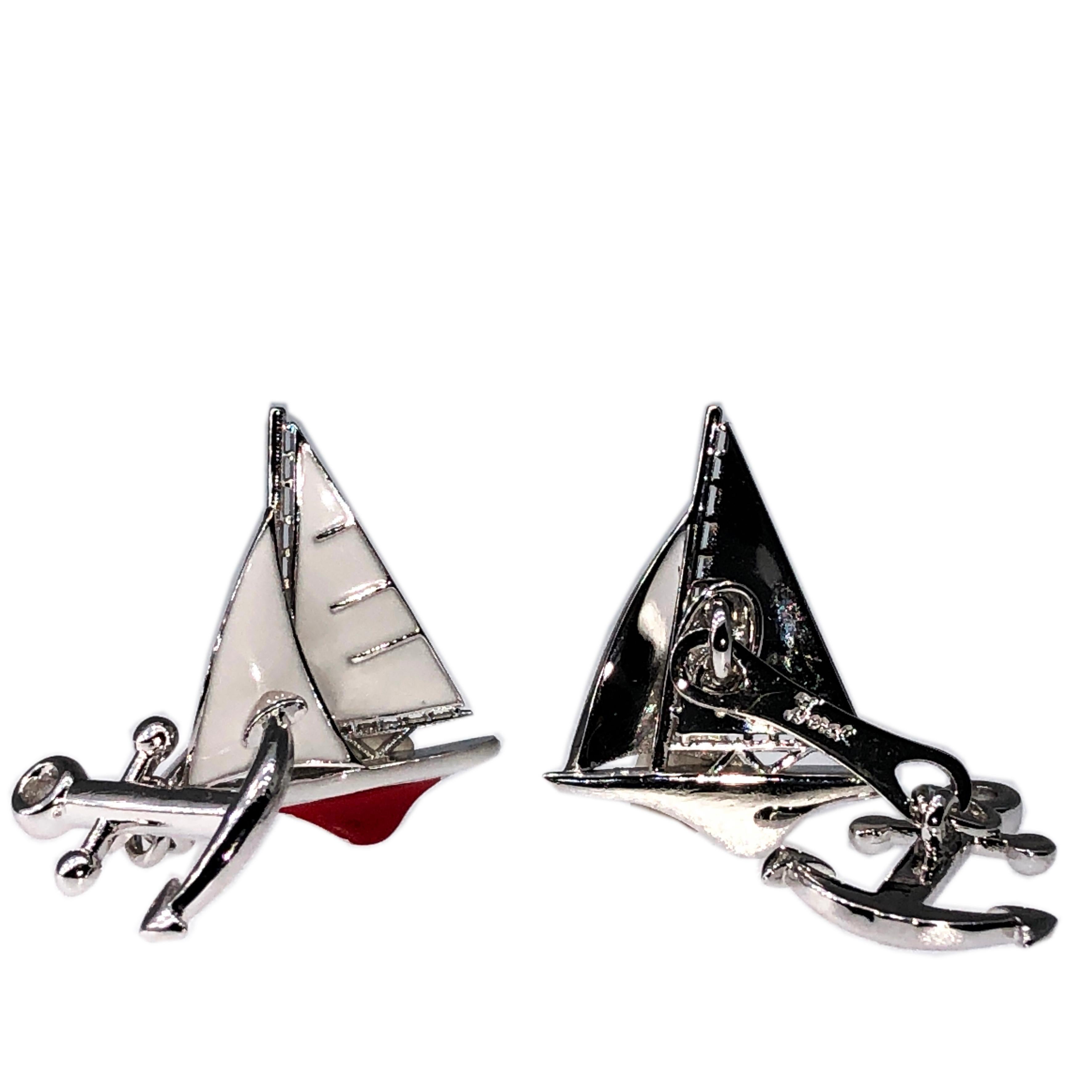 Berca White Red Sailing Boat Shaped Little Anchor Back Sterling Silver Cufflinks For Sale 3