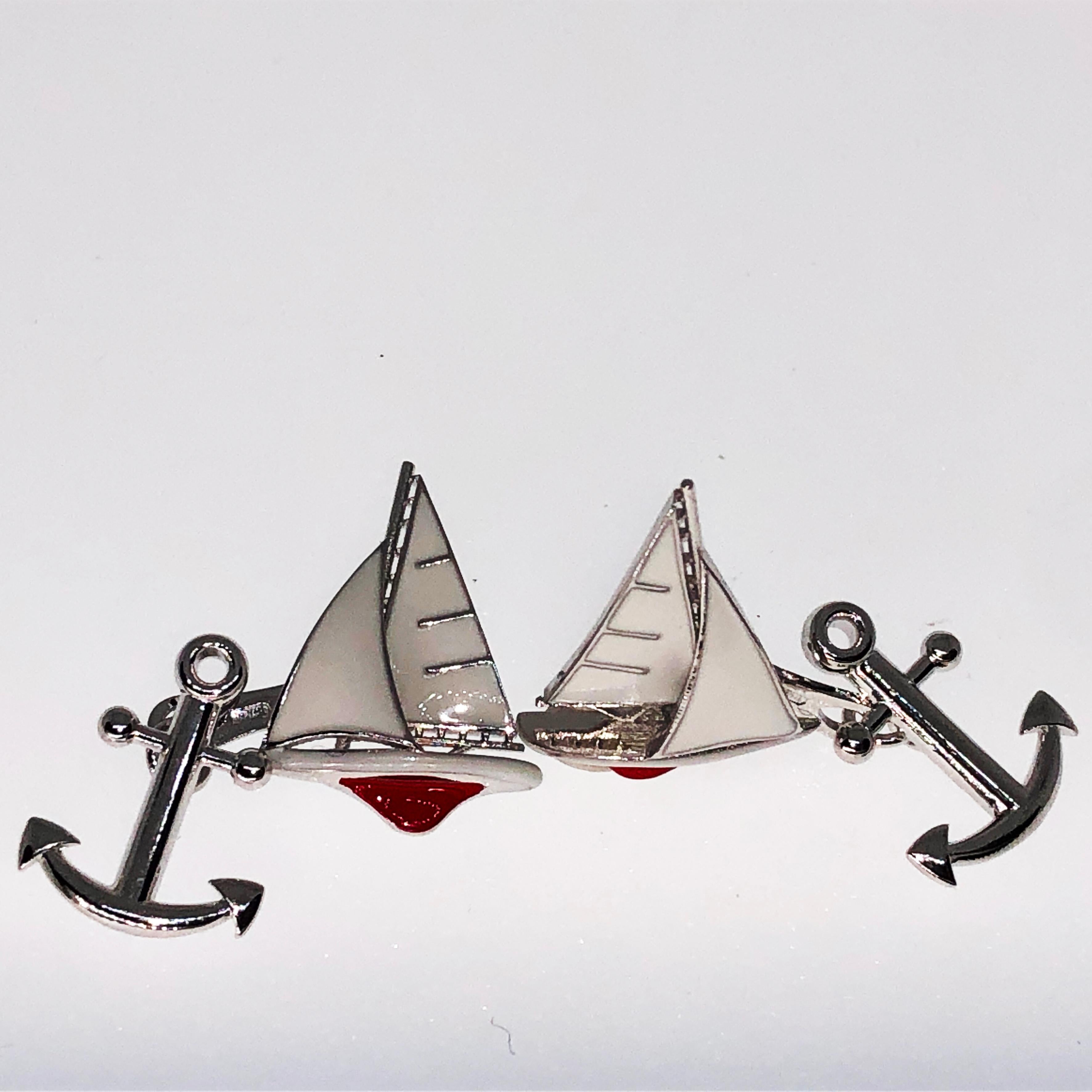 Berca White Red Sailing Boat Shaped Little Anchor Back Sterling Silver Cufflinks For Sale 5