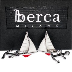 Berca White Red Sailing Boat Shaped Little Anchor Back Sterling Silver Cufflinks