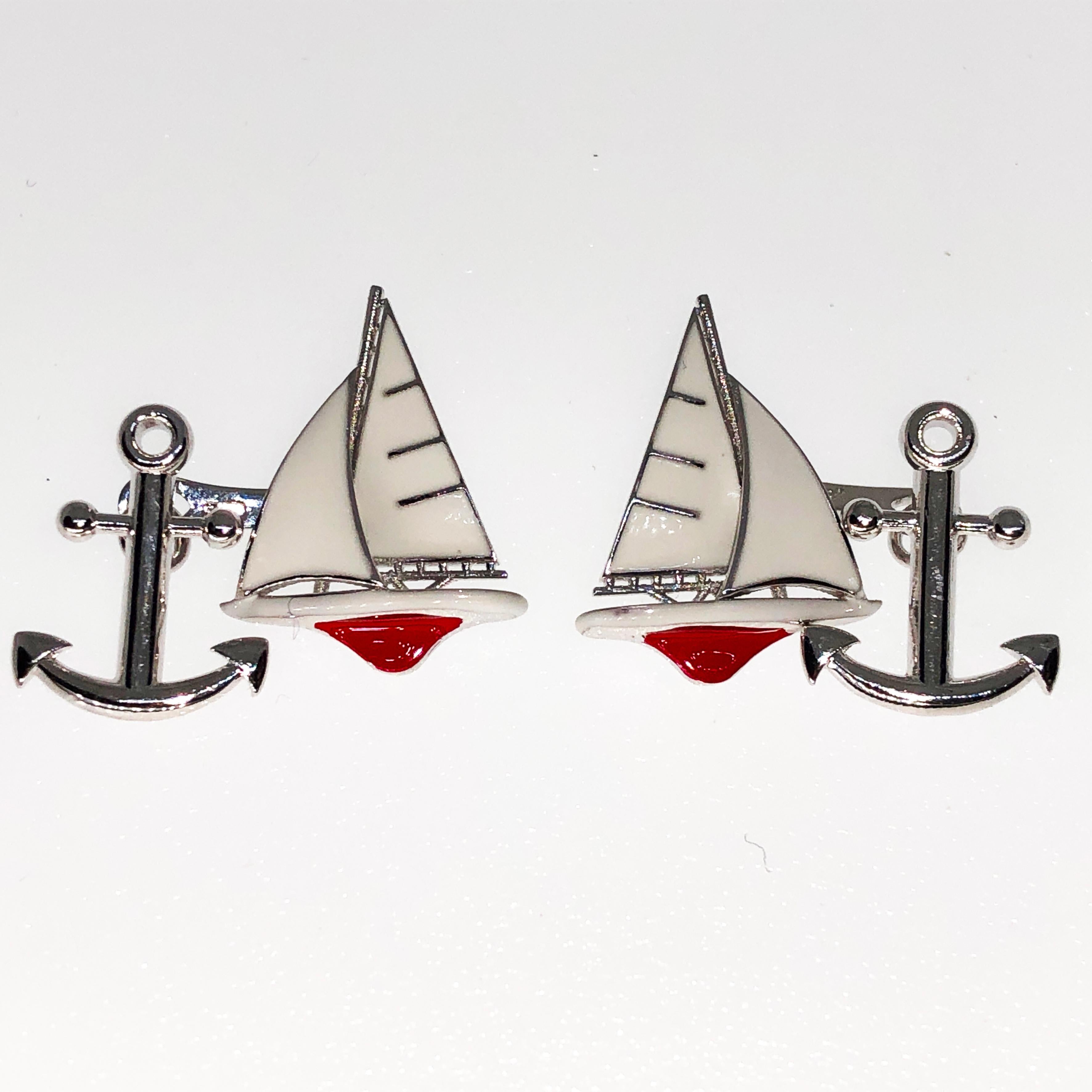 Berca Manschettenknöpfe in Form eines Segelboots in Weiß und Rot aus Sterlingsilber mit kleinem Anker (Zeitgenössisch) im Angebot