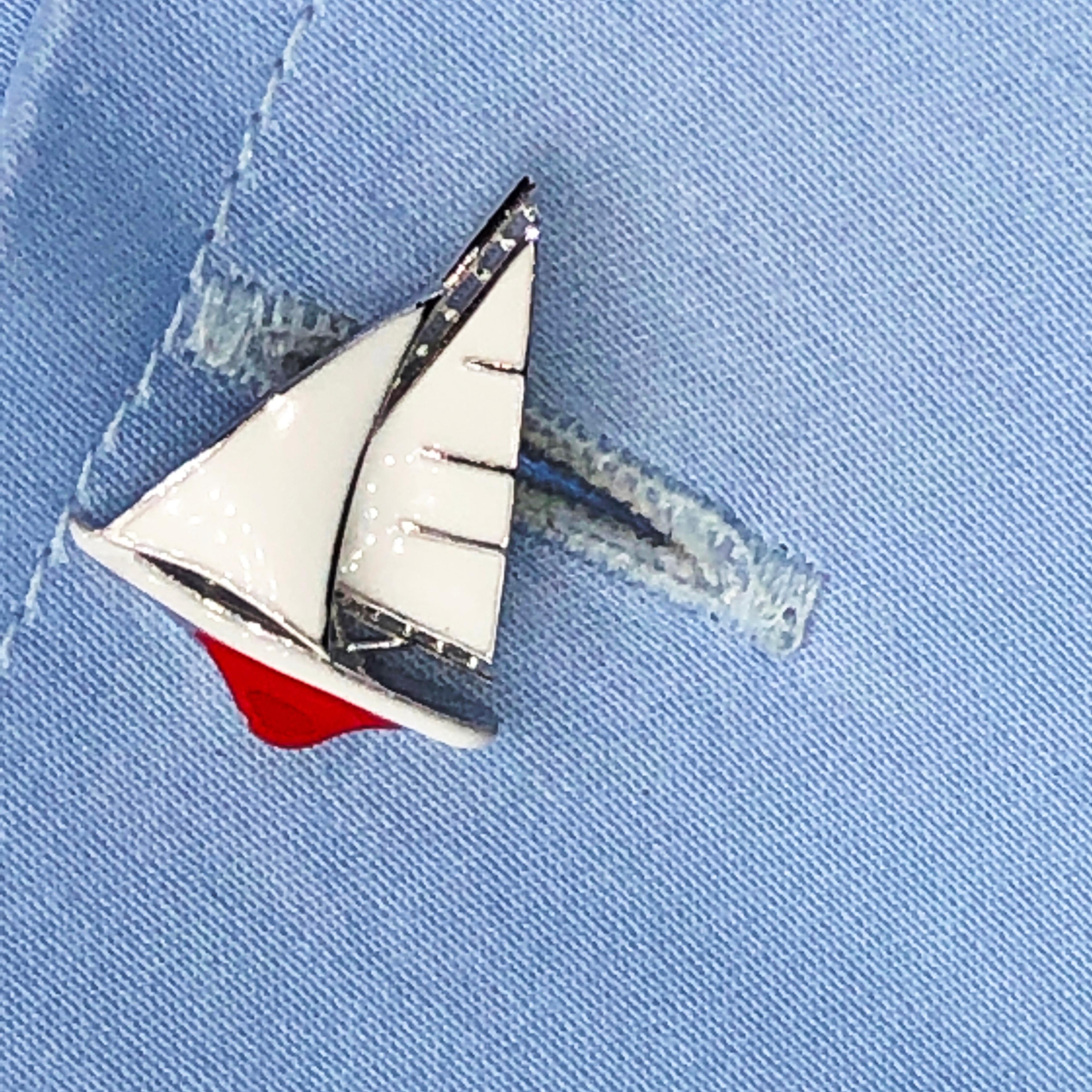 Contemporary Berca White Red Sailing Boat Shaped Little Anchor Back Sterling Silver Cufflinks For Sale