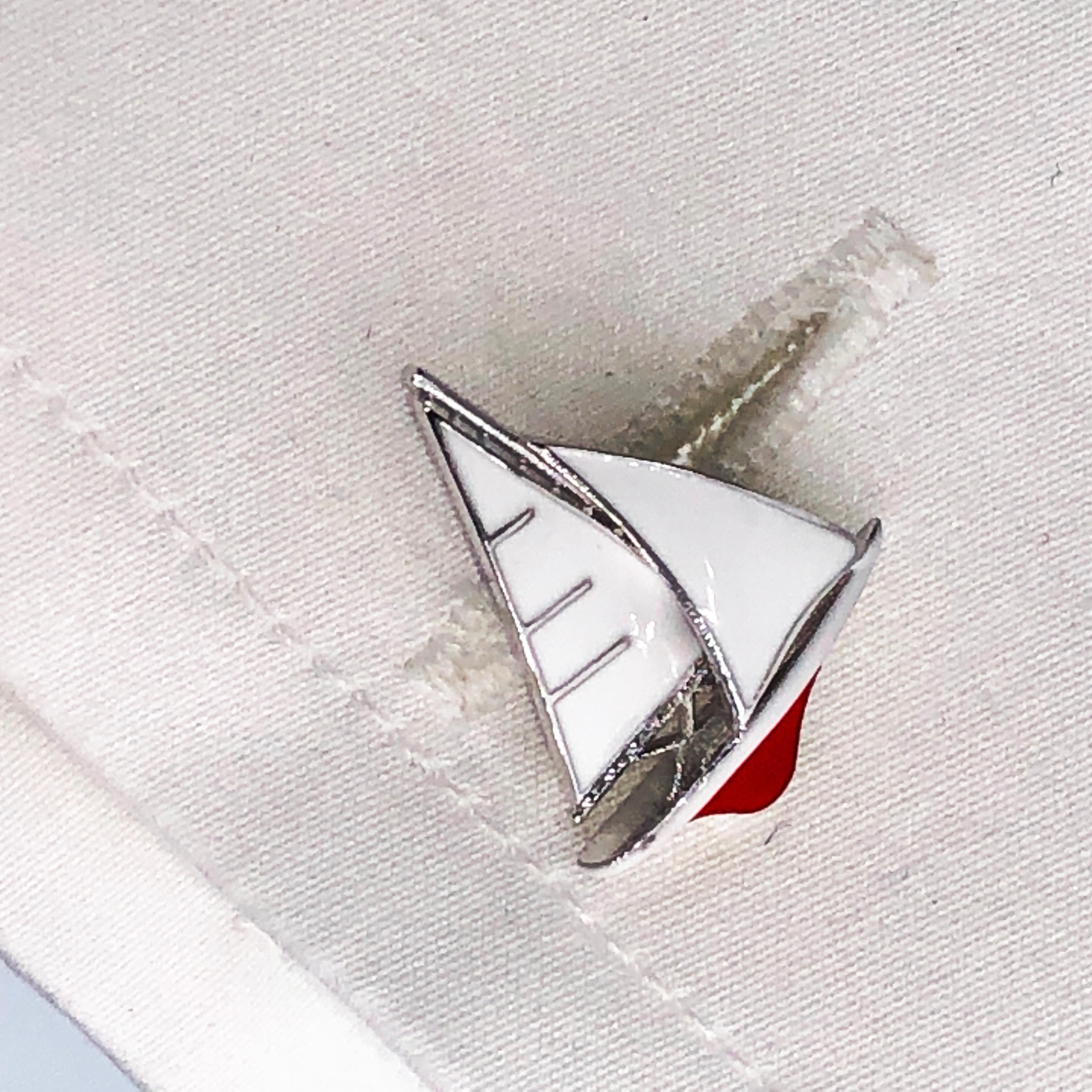 Berca White Red Sailing Boat Shaped Little Anchor Back Sterling Silver Cufflinks In New Condition For Sale In Valenza, IT