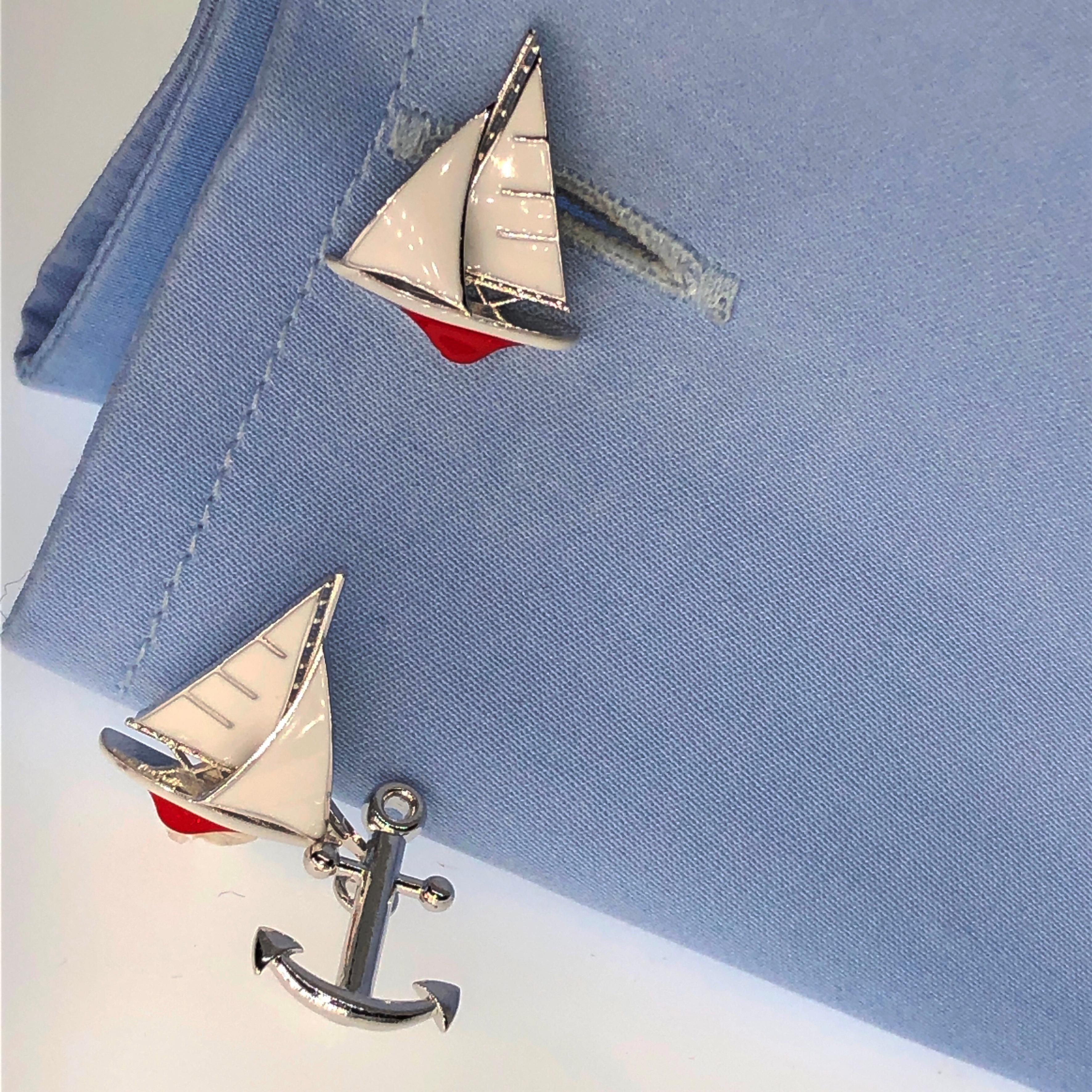 Women's or Men's Berca White Red Sailing Boat Shaped Little Anchor Back Sterling Silver Cufflinks For Sale