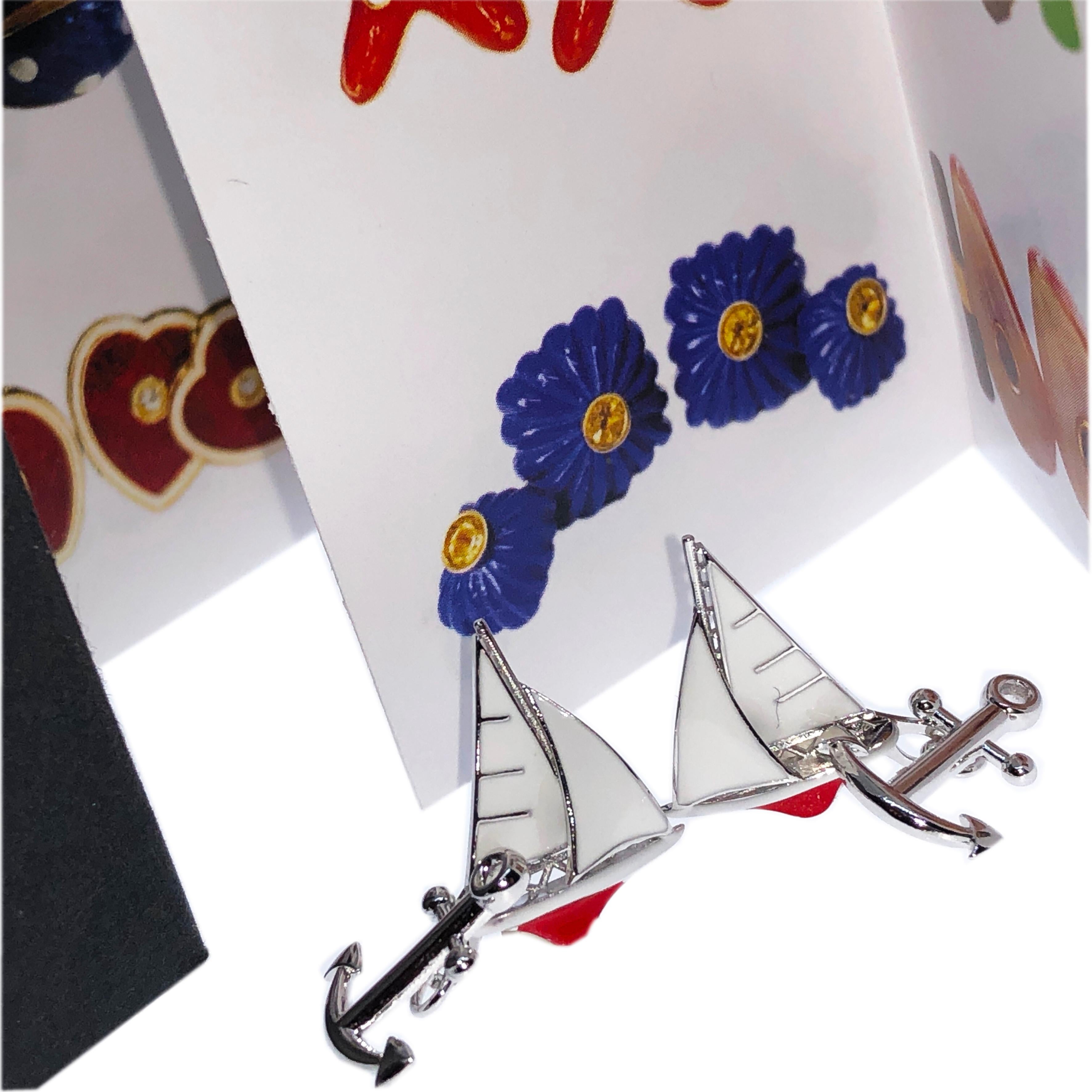Gemelli in argento Berca White Red Sailing Boat Shaped Little Anchor Back in vendita 4