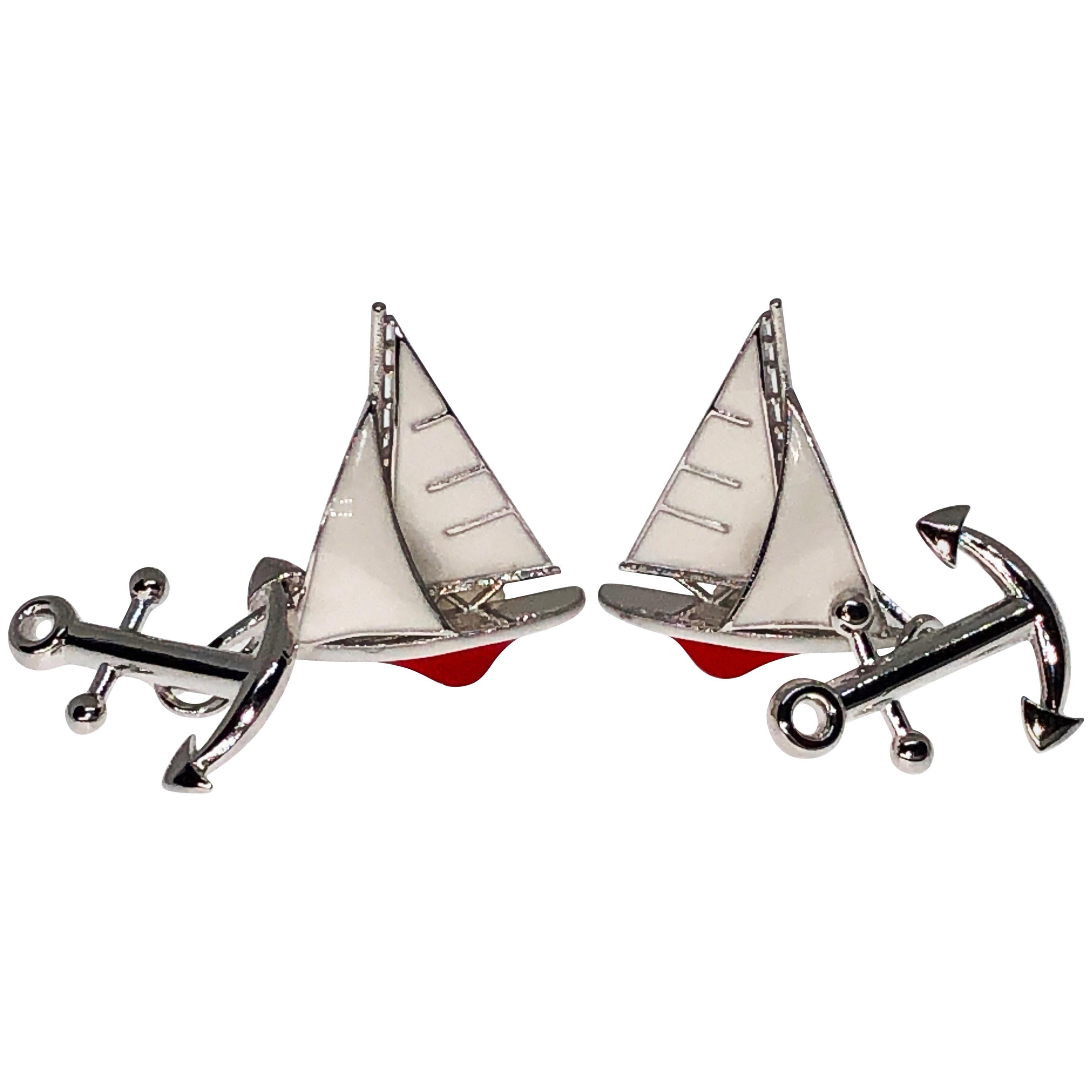 Berca White Red Sailing Boat Shaped Little Anchor Back Sterling Silver Cufflinks For Sale