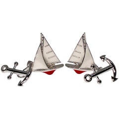 Berca White Red Sailing Boat Shaped Little Anchor Back Sterling Silver Cufflinks