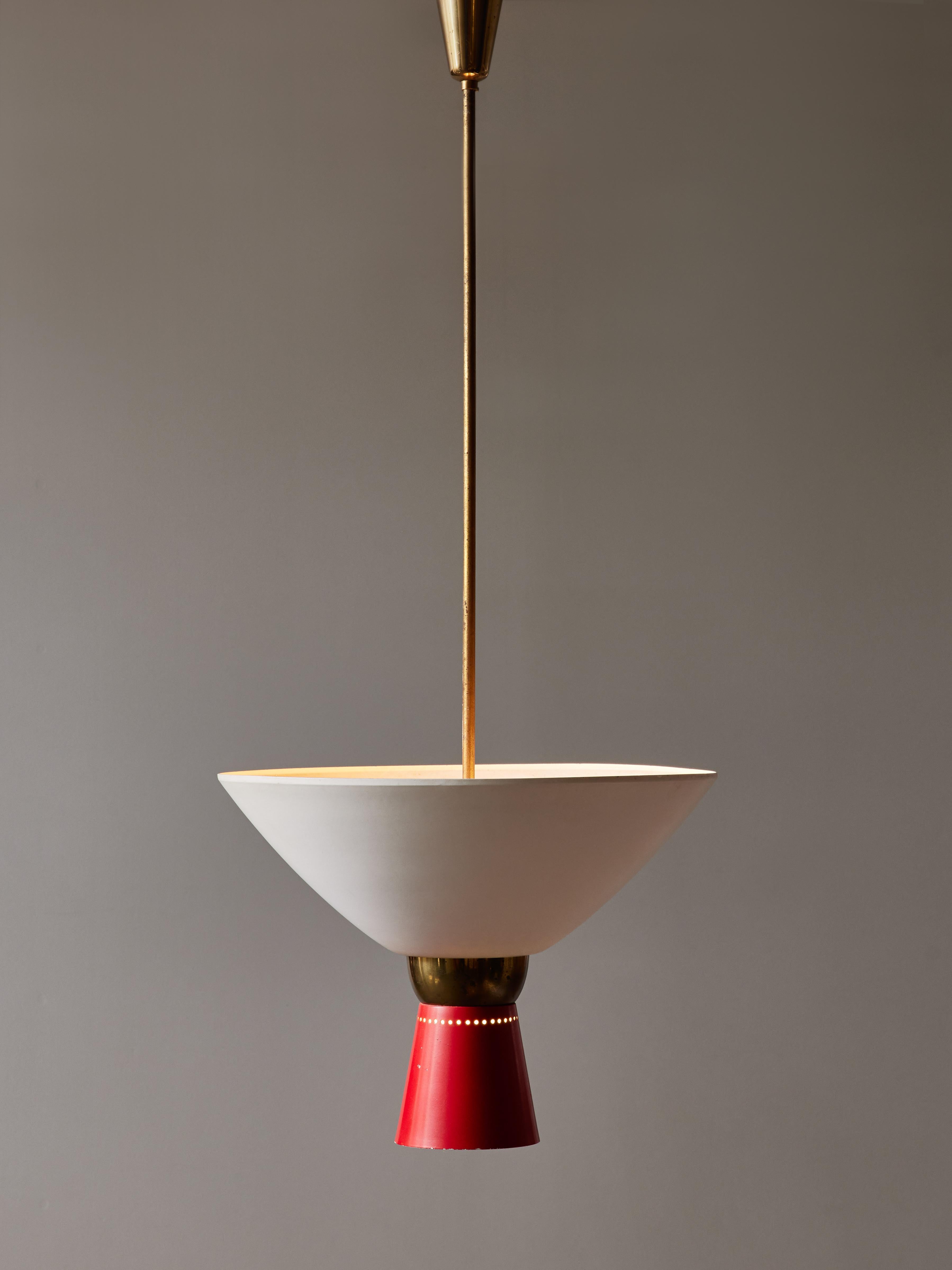 Mid-Century Modern White and Red Stilnovo Suspension in Metal and Brass