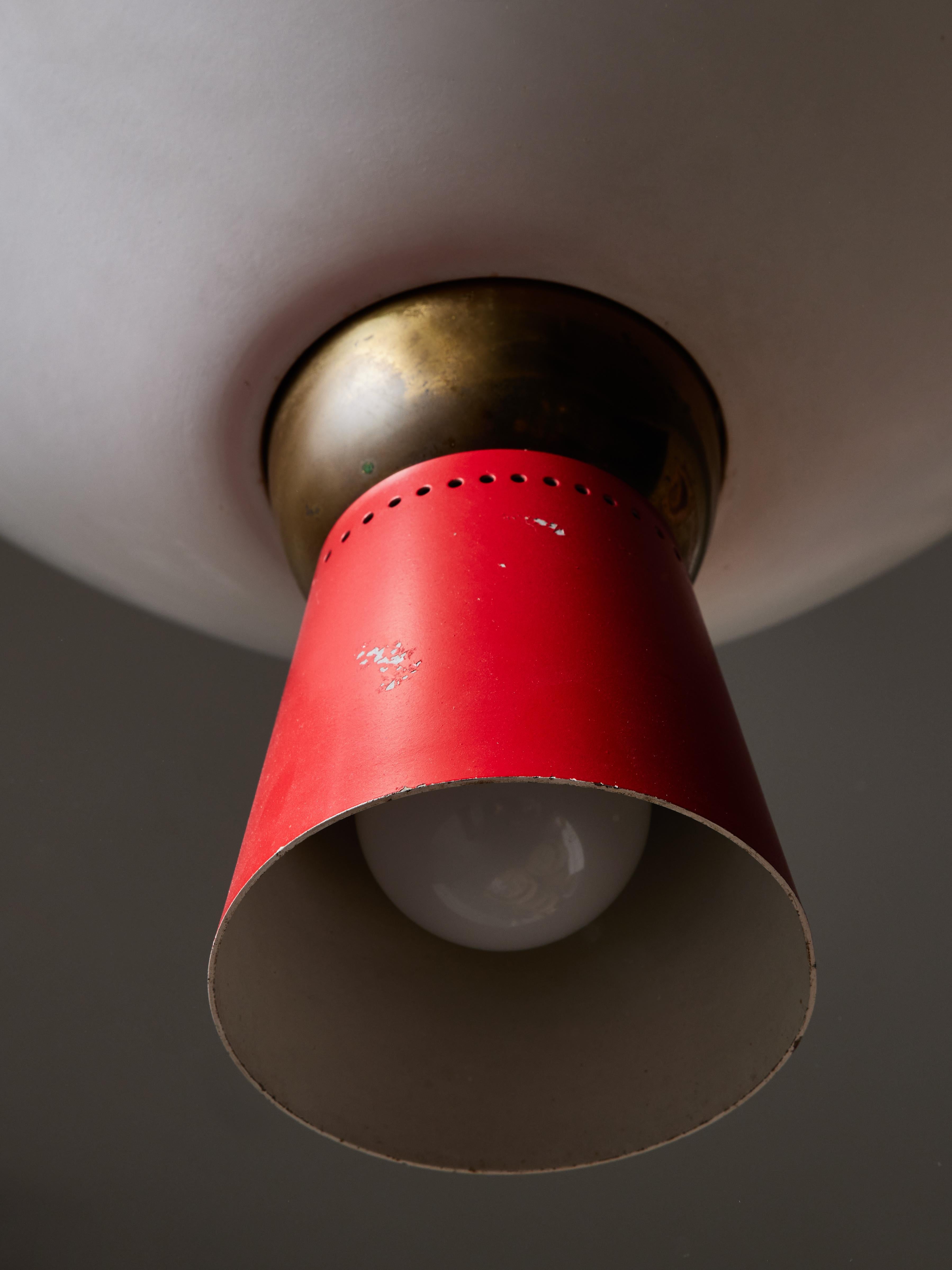 Italian White and Red Stilnovo Suspension in Metal and Brass