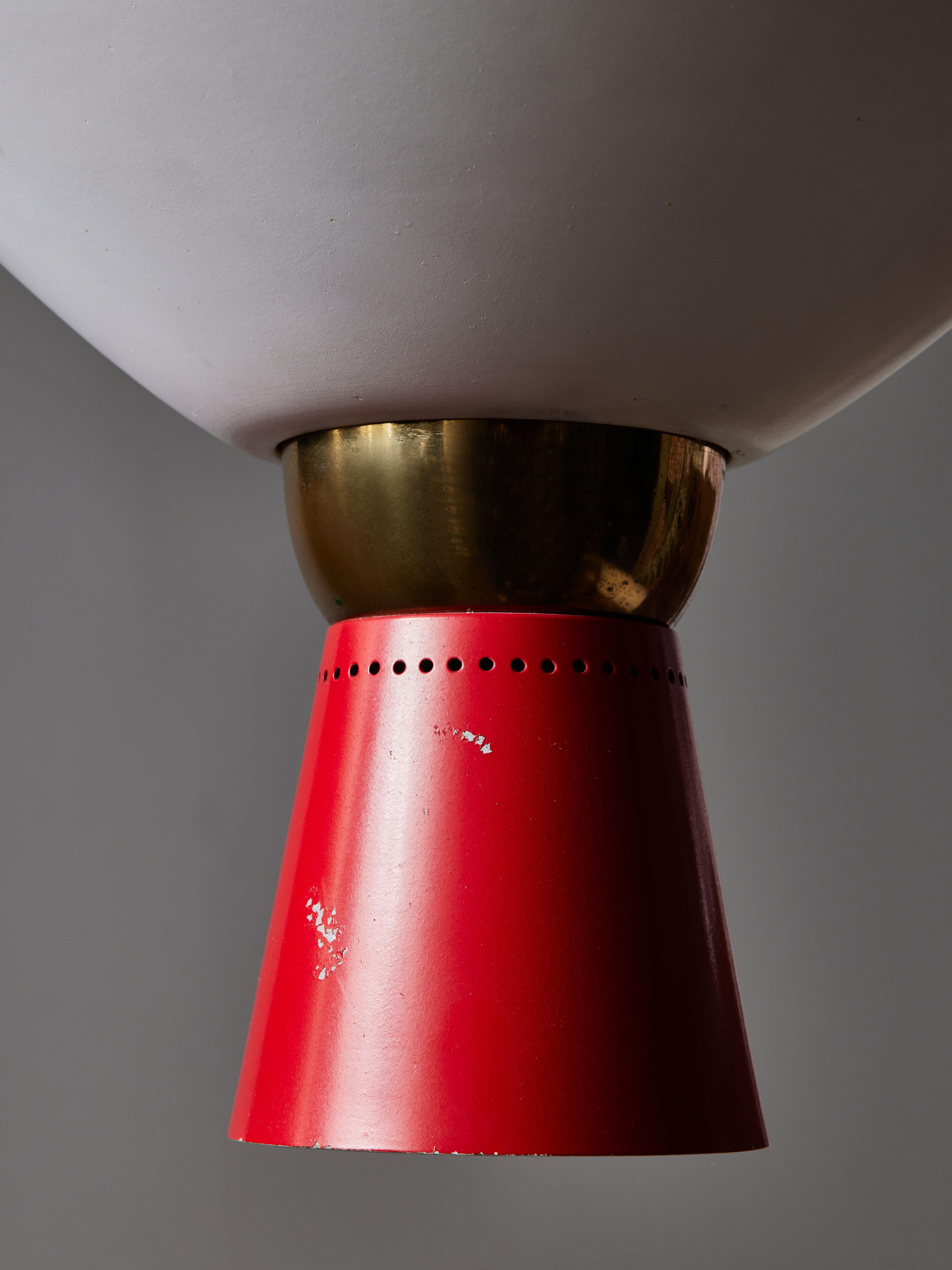 Mid-20th Century White and Red Stilnovo Suspension in Metal and Brass