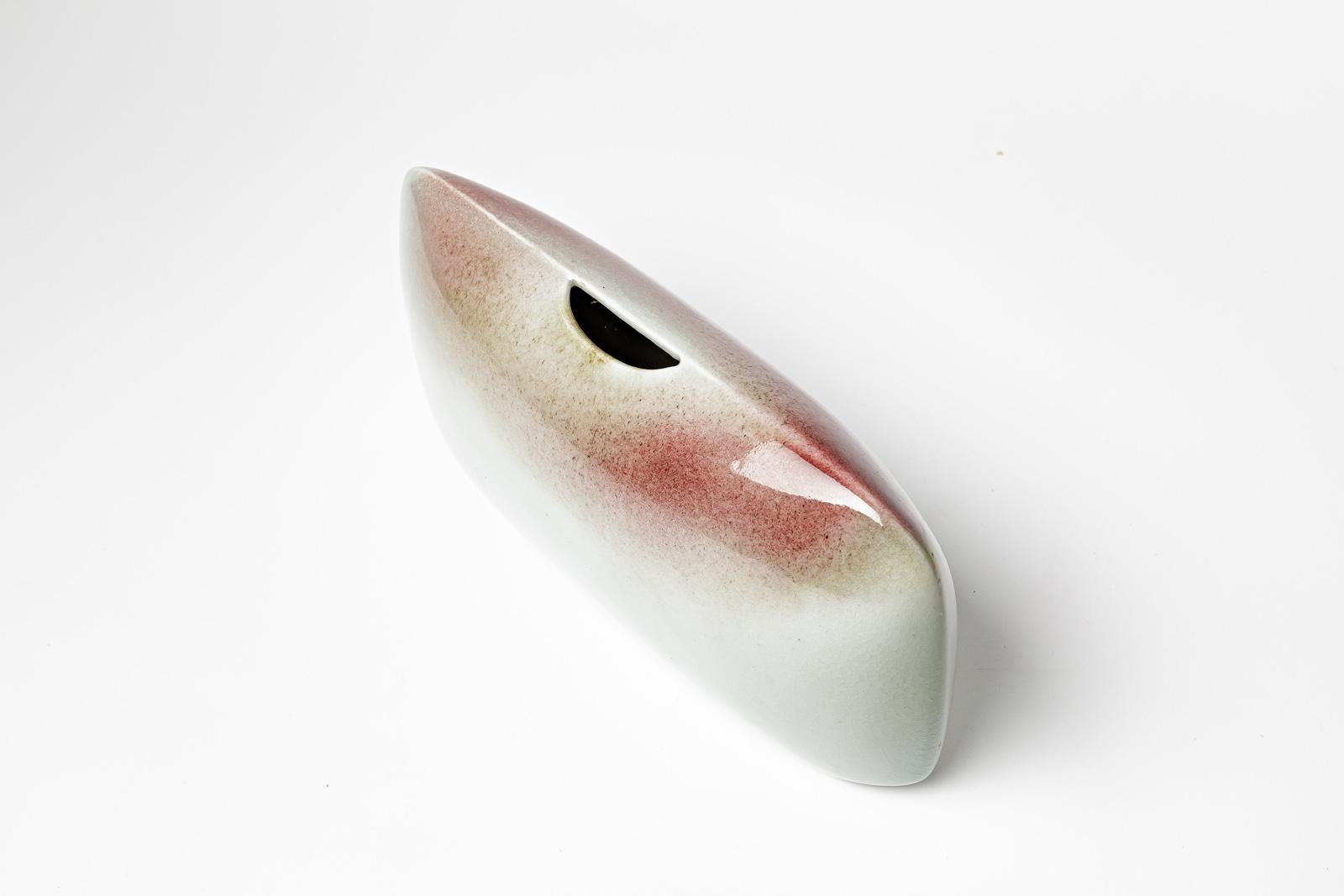 French White and red stoneware porcelain ceramic vase circa 1970 handmade design For Sale