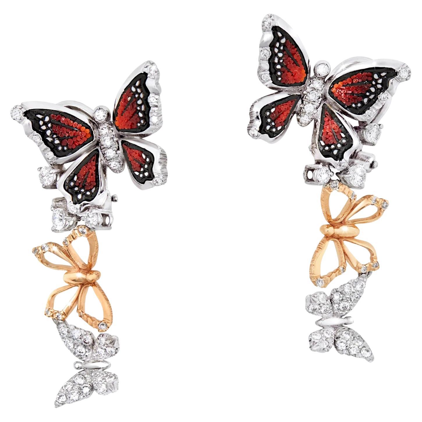 White and Rose Gold Butterfly Earrings with White Diamonds and Micromosaic