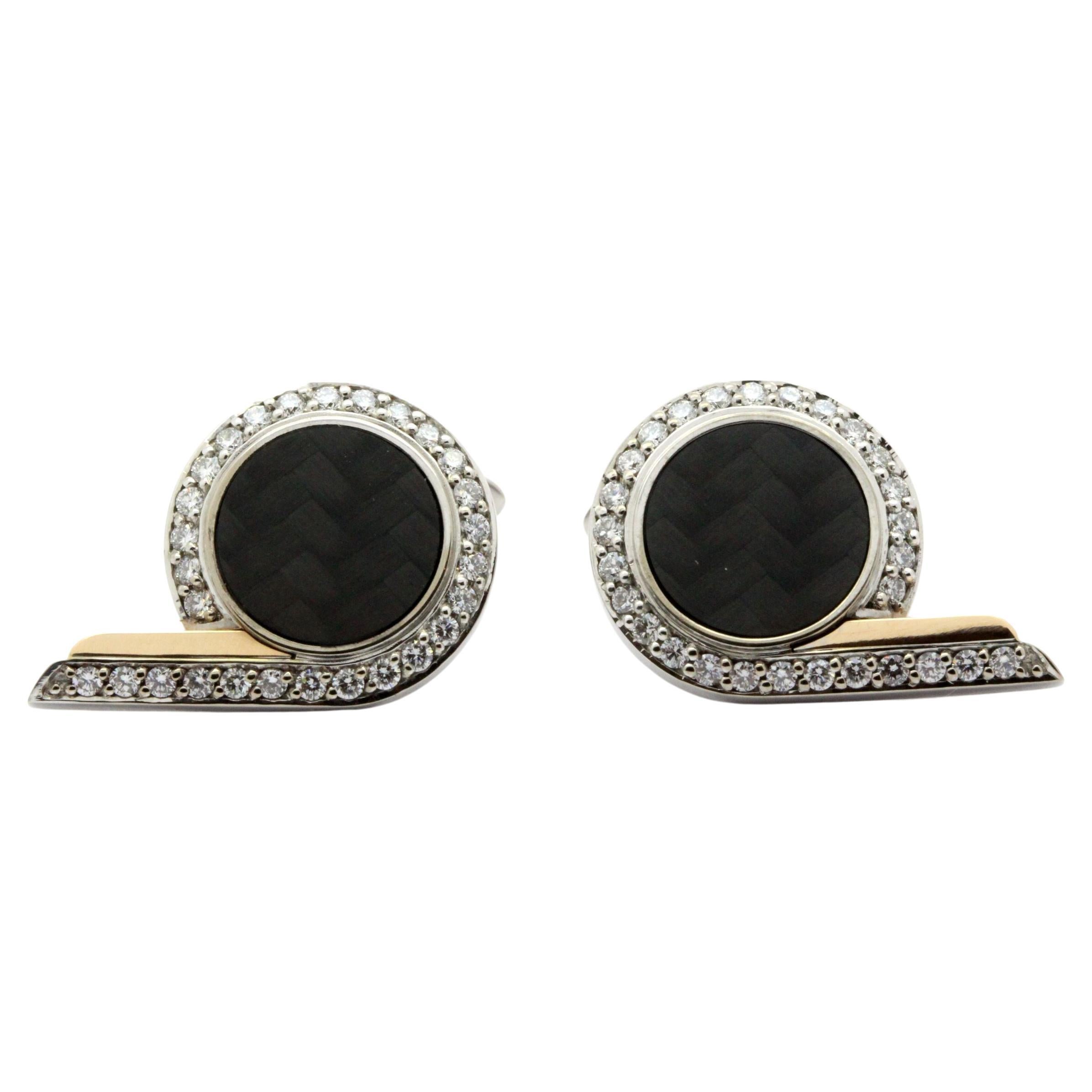 18ct White and Rose Gold Cufflinks with Black Carbon Fibre and Diamonds