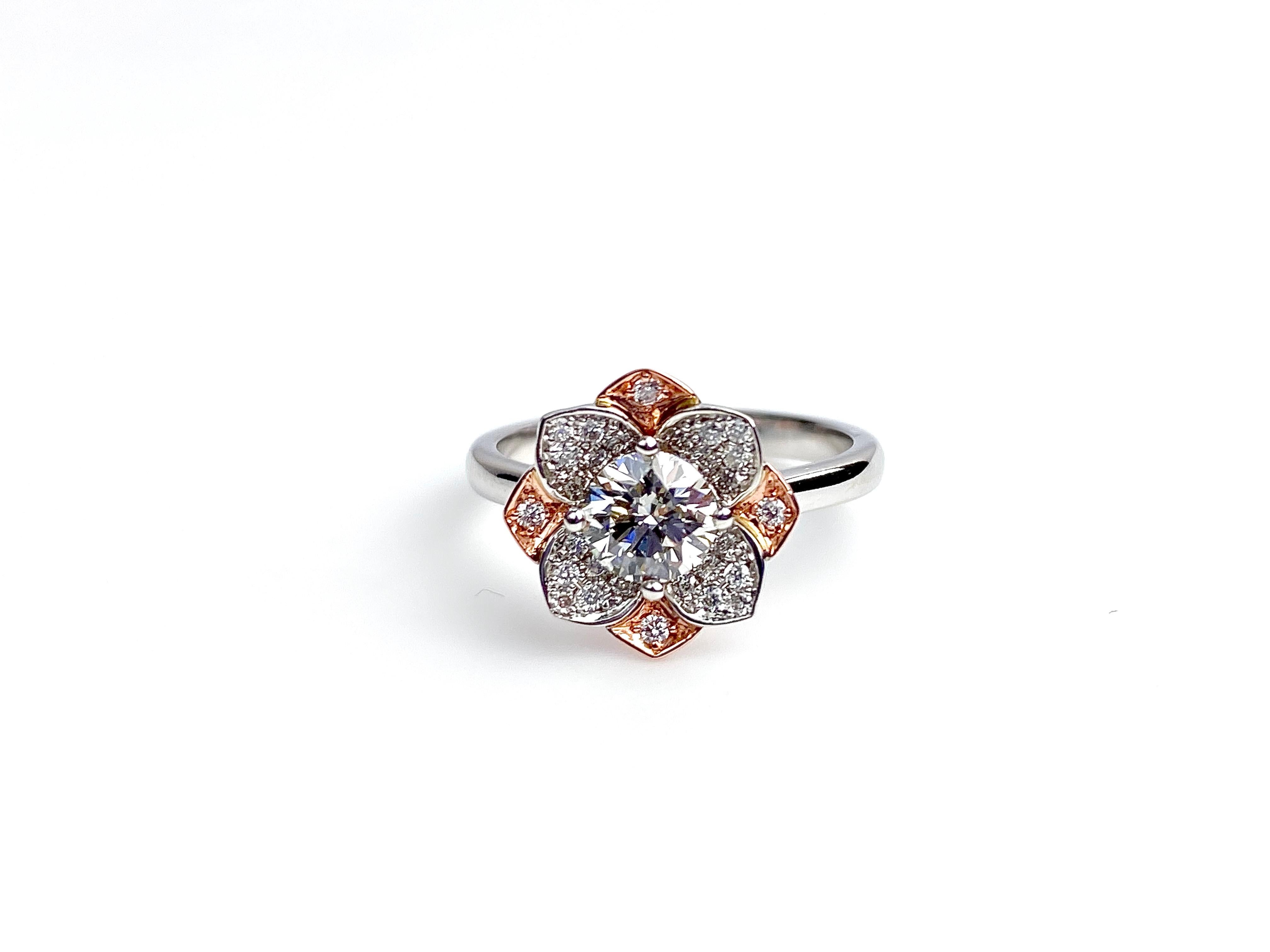 Contemporary White and Rose Gold Diamond Flower Ring For Sale