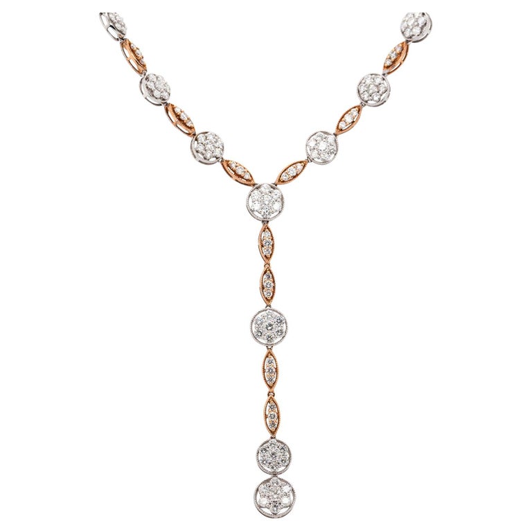 White and Rose Gold Diamond Pave Y Drop Necklace 18 Karat in Stock For