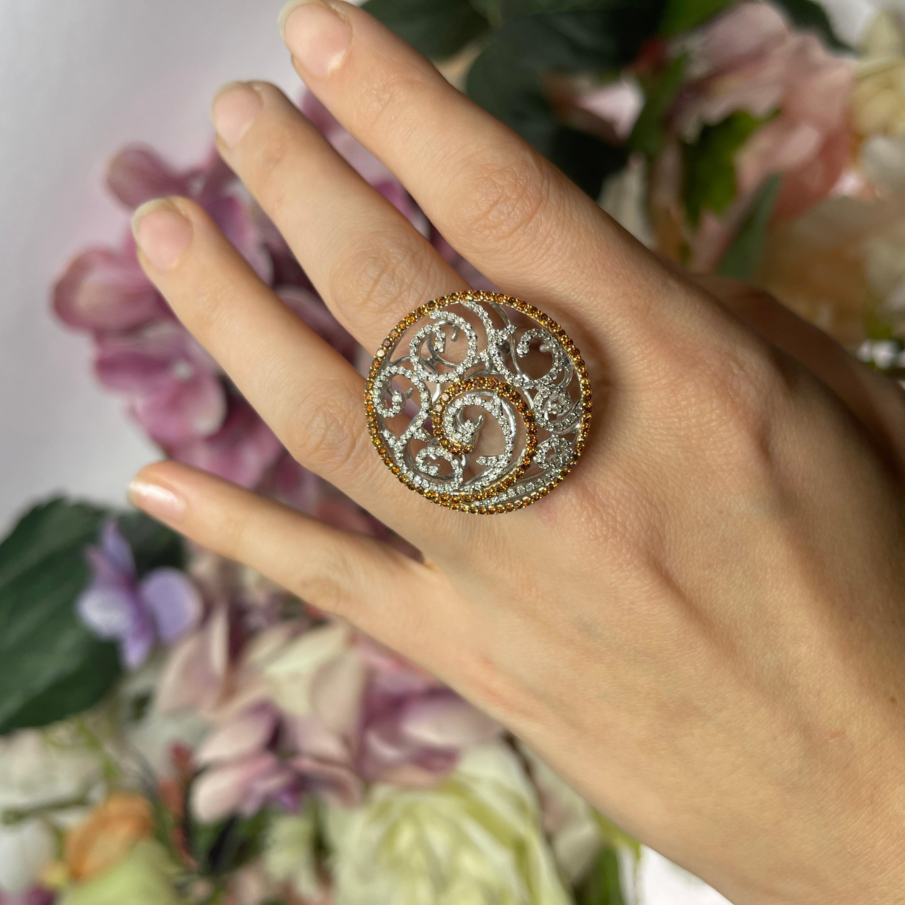 White and Rose Gold Dome Ring with Diamonds and Cognac Sapphires For Sale 5