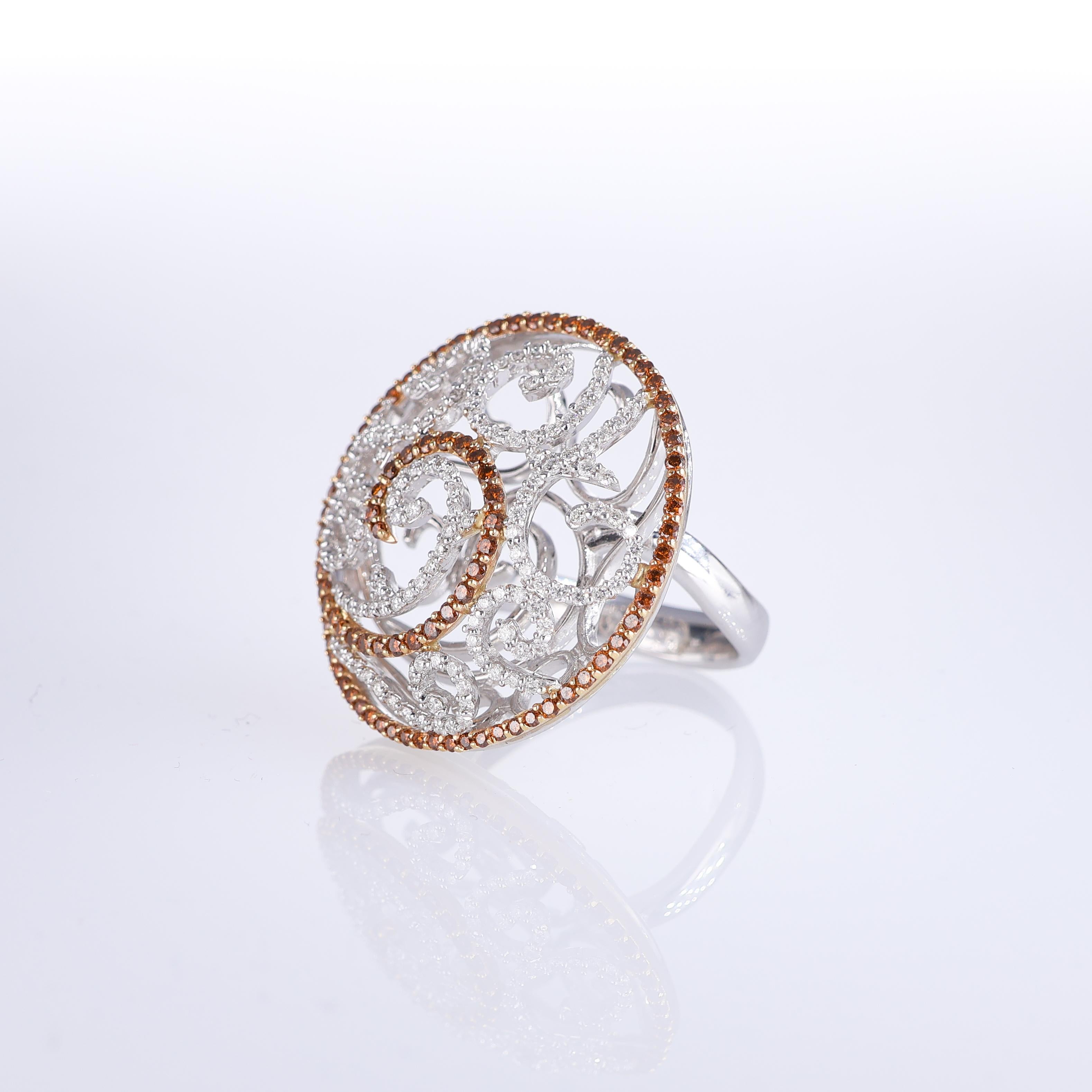 Brilliant Cut White and Rose Gold Dome Ring with Diamonds and Cognac Sapphires For Sale