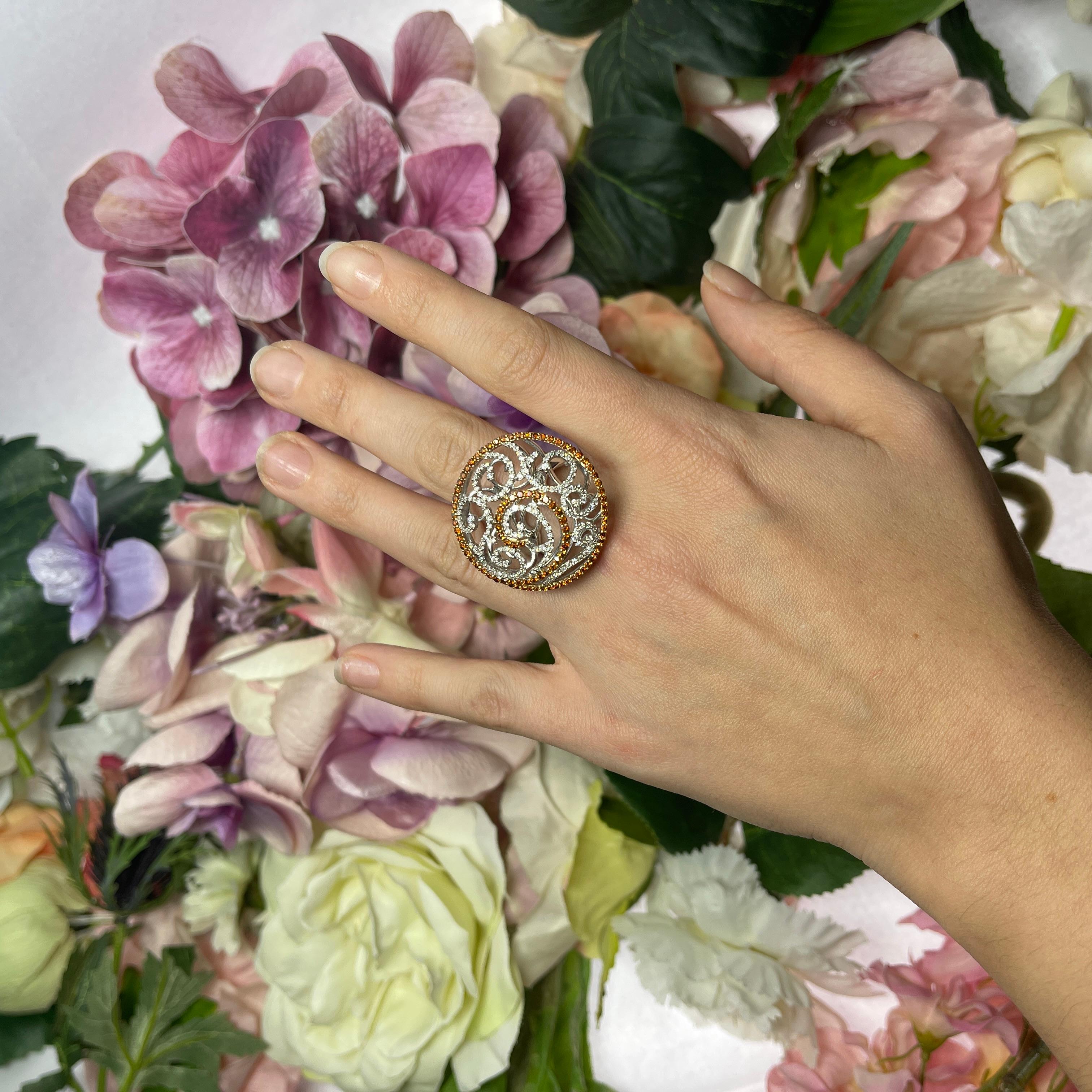 White and Rose Gold Dome Ring with Diamonds and Cognac Sapphires For Sale 2