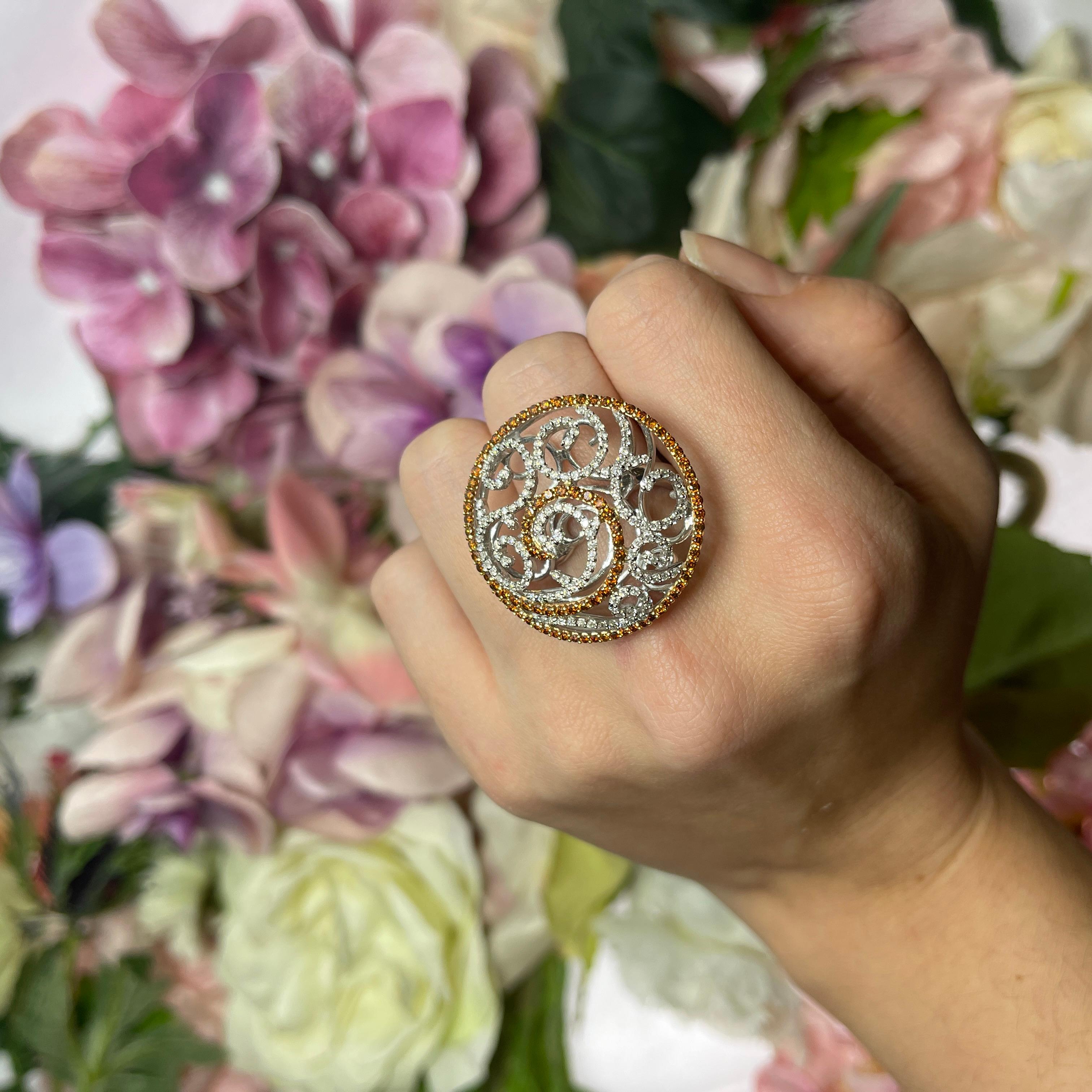 White and Rose Gold Dome Ring with Diamonds and Cognac Sapphires For Sale 3
