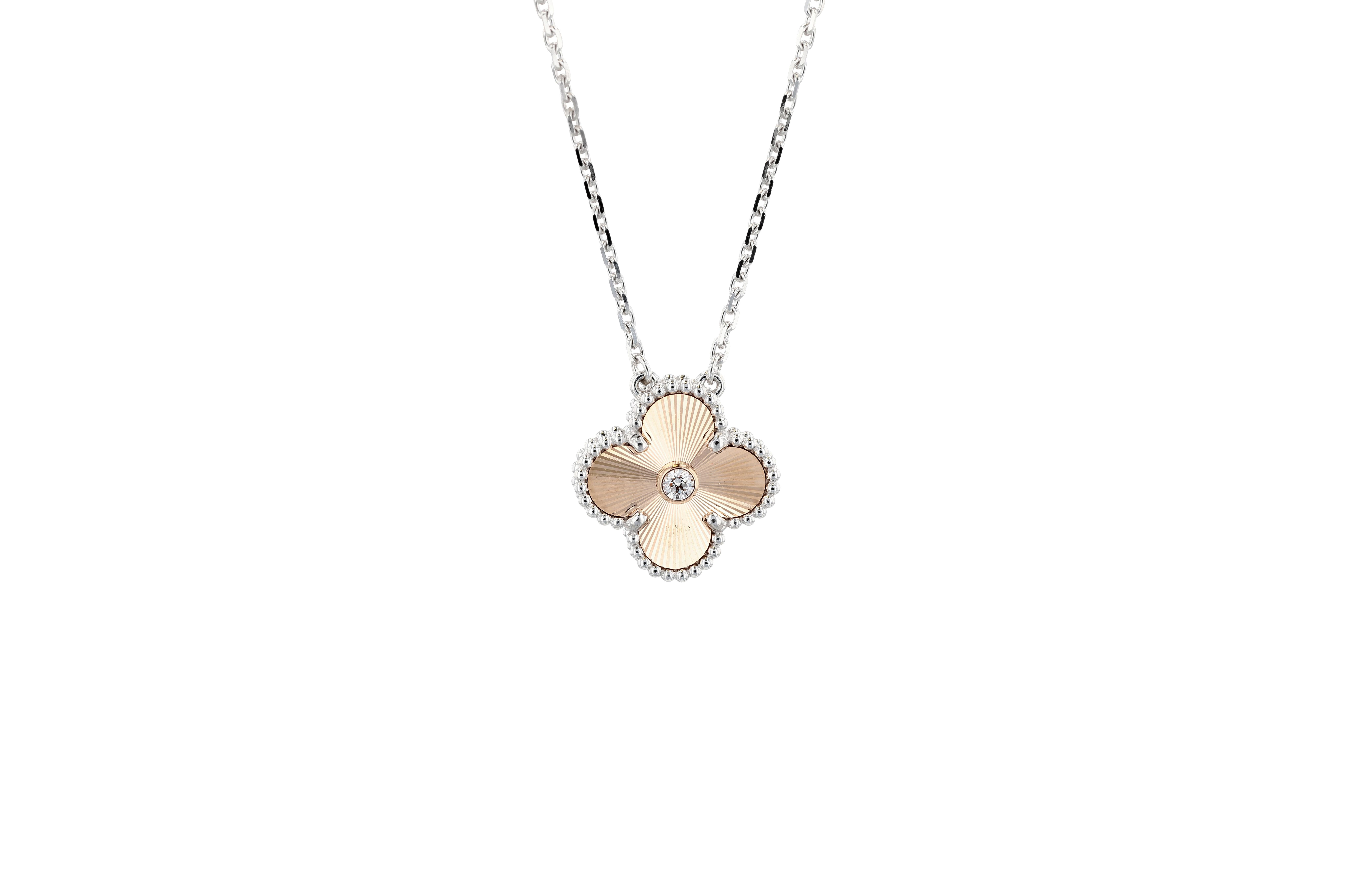 Brilliant Cut White and Rose Gold Van Cleef & Arpels 2024 Alhambra Holiday Pendant