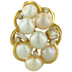 White and Rose Pearl and .50 Carat Diamond Cluster Ring, 18 Karat Yellow Gold