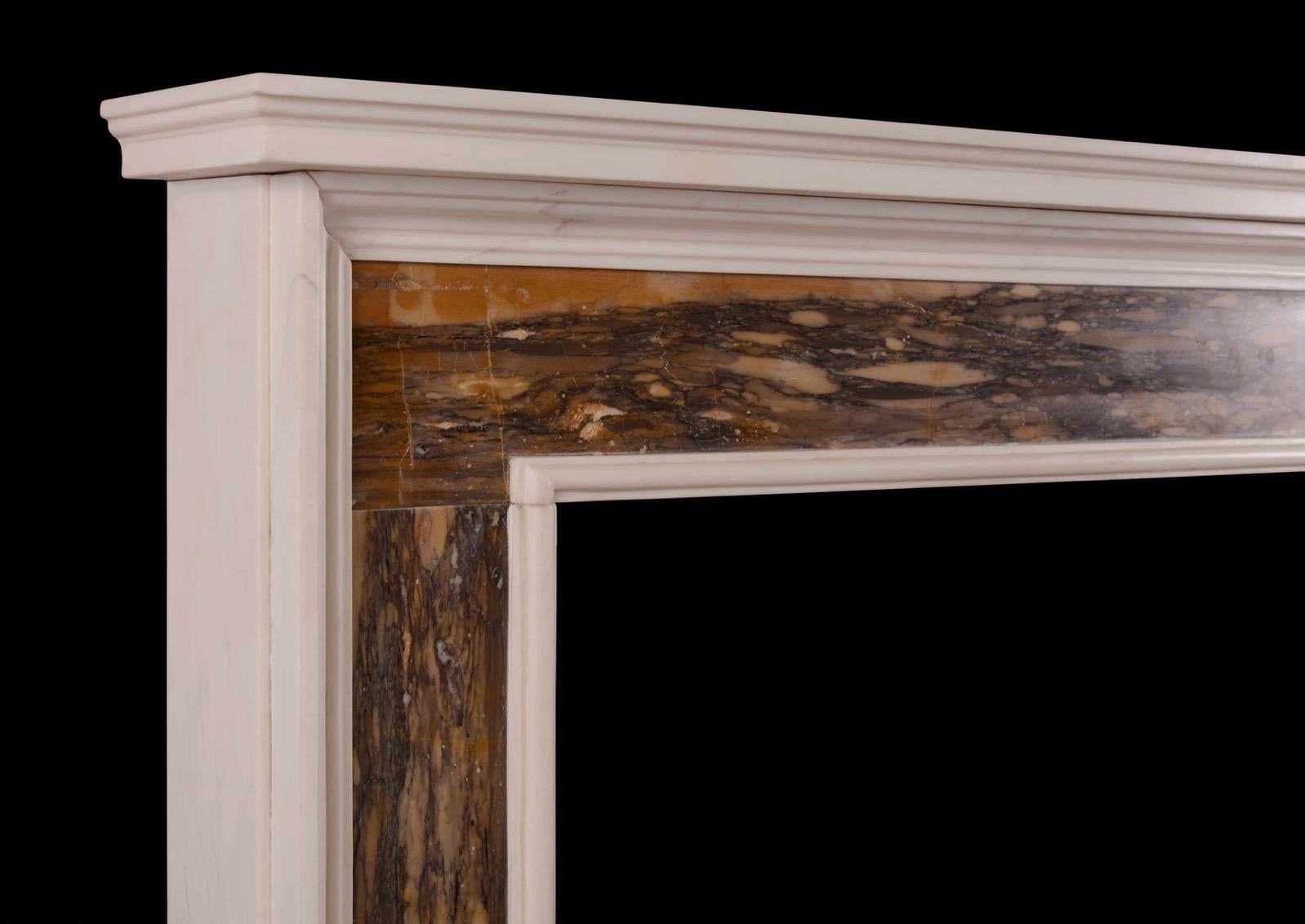 English White and Siena Brocatelle Marble Fireplace in the Queen Anne Style For Sale