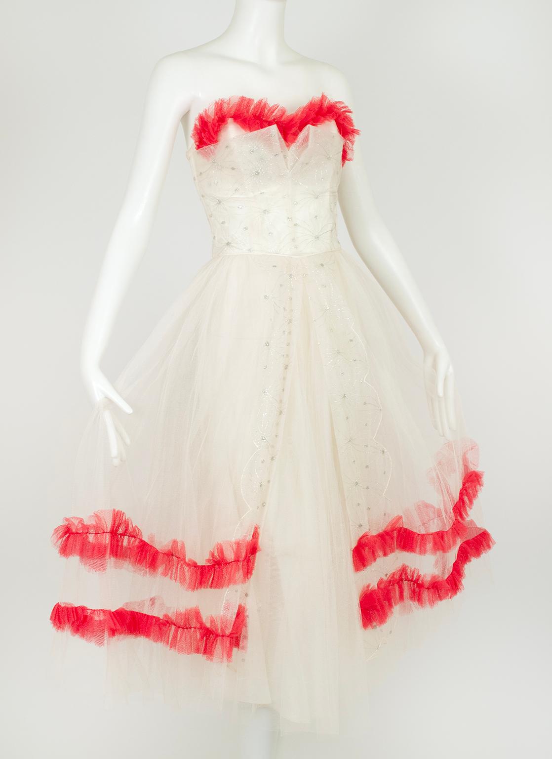White and Silver Ballerina or Wedding Dress with Removable Red Trim – XS, 1950s In Good Condition In Tucson, AZ