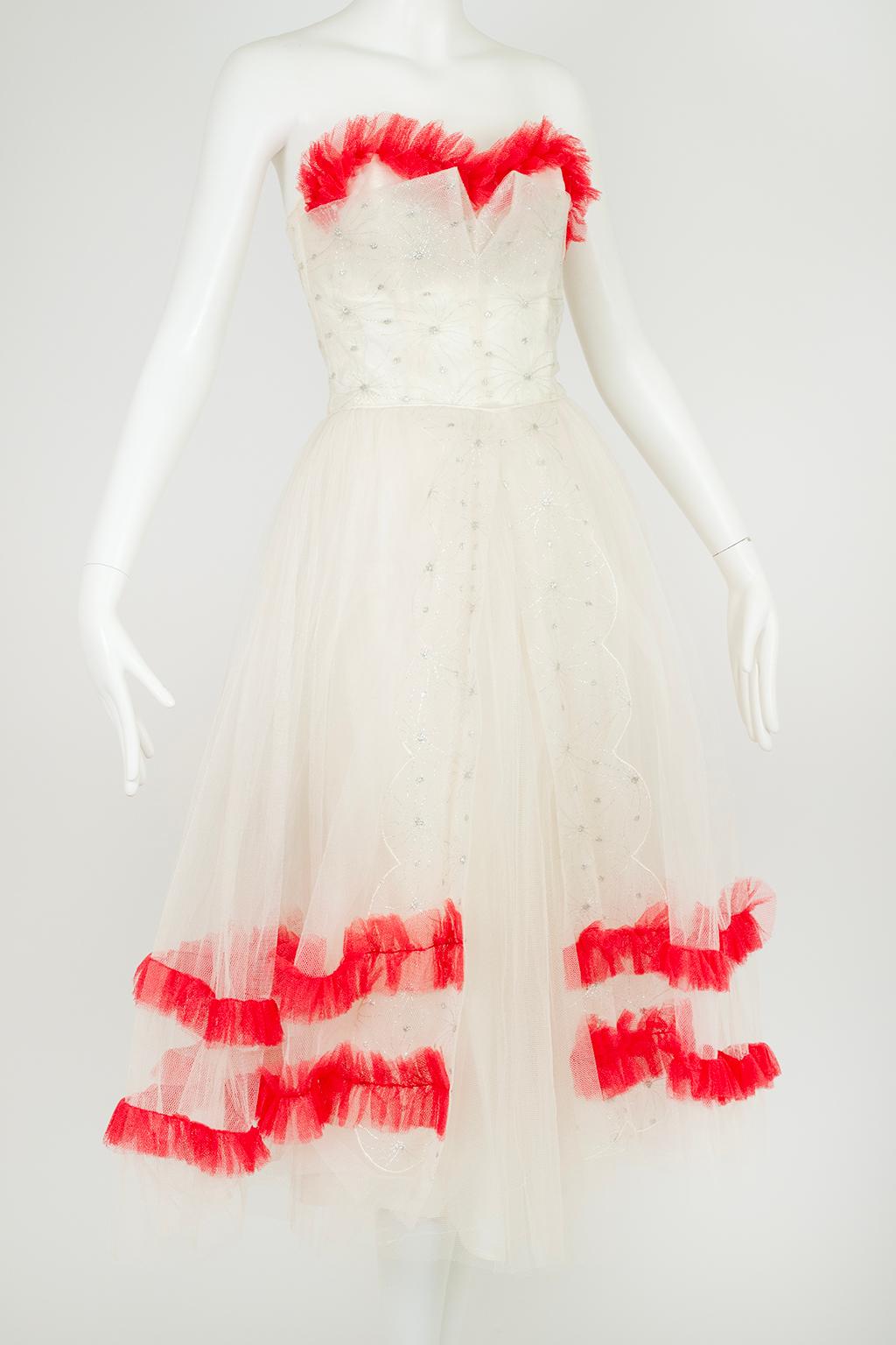 Women's White and Silver Ballerina or Wedding Dress with Removable Red Trim – XS, 1950s