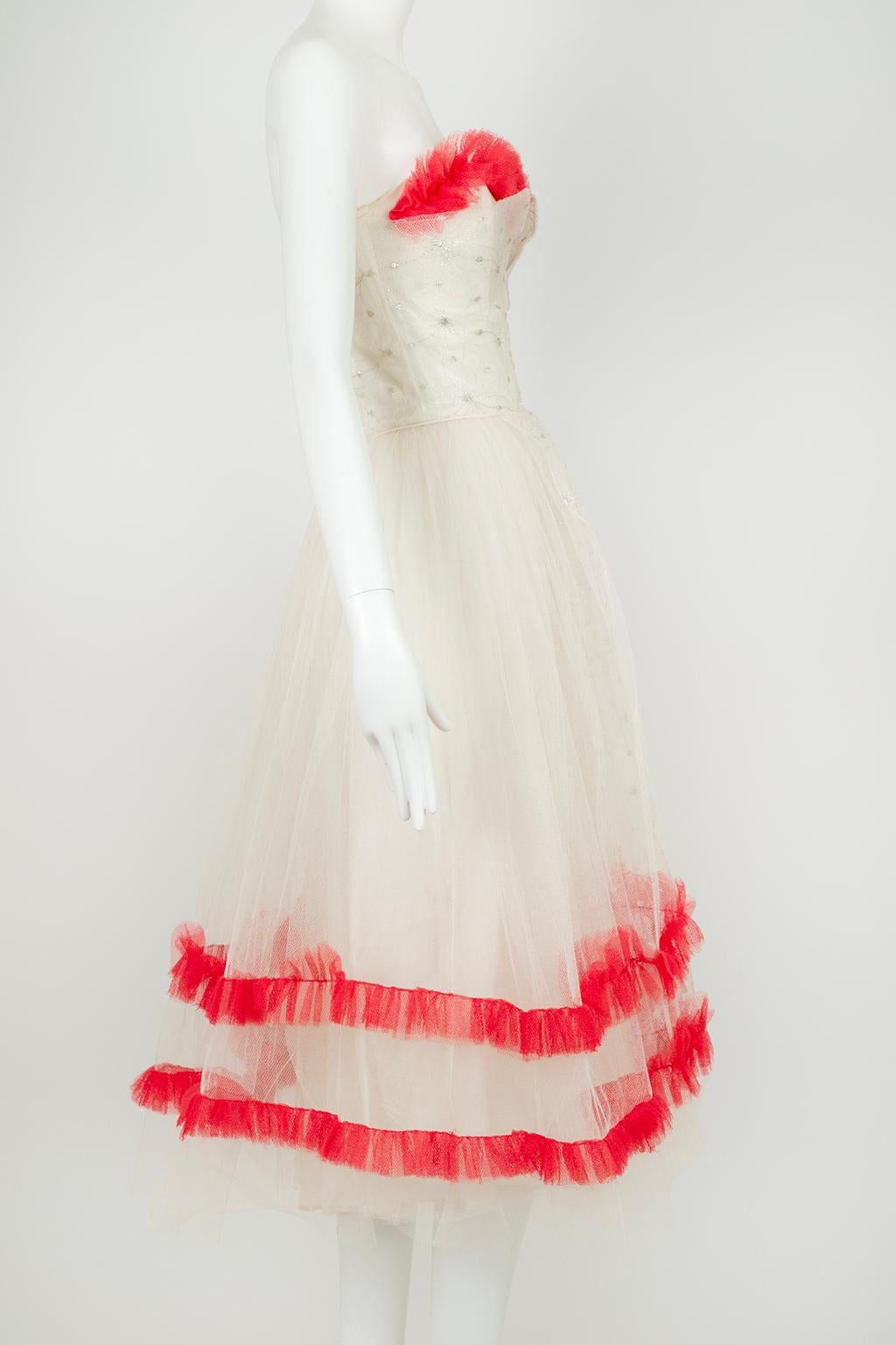 White and Silver Ballerina or Wedding Dress with Removable Red Trim – XS, 1950s 1