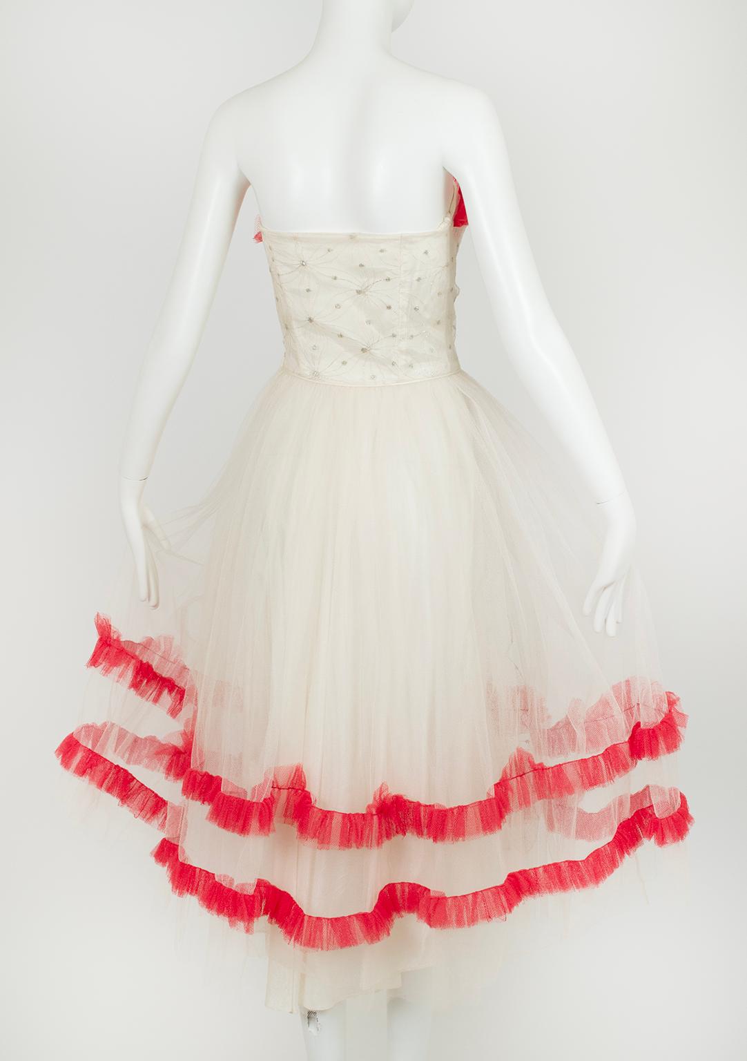 White and Silver Ballerina or Wedding Dress with Removable Red Trim – XS, 1950s 2