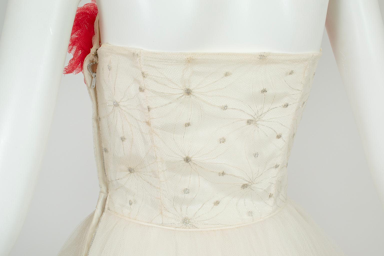 White and Silver Ballerina or Wedding Dress with Removable Red Trim – XS, 1950s 4