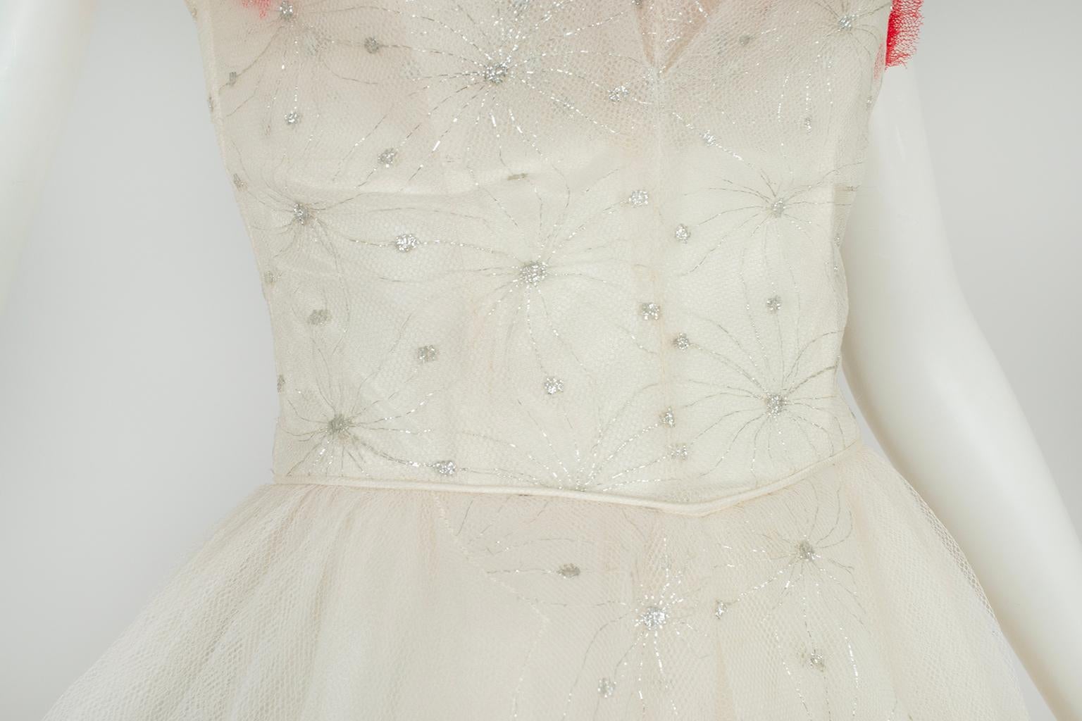 White and Silver Ballerina or Wedding Dress with Removable Red Trim – XS, 1950s 5