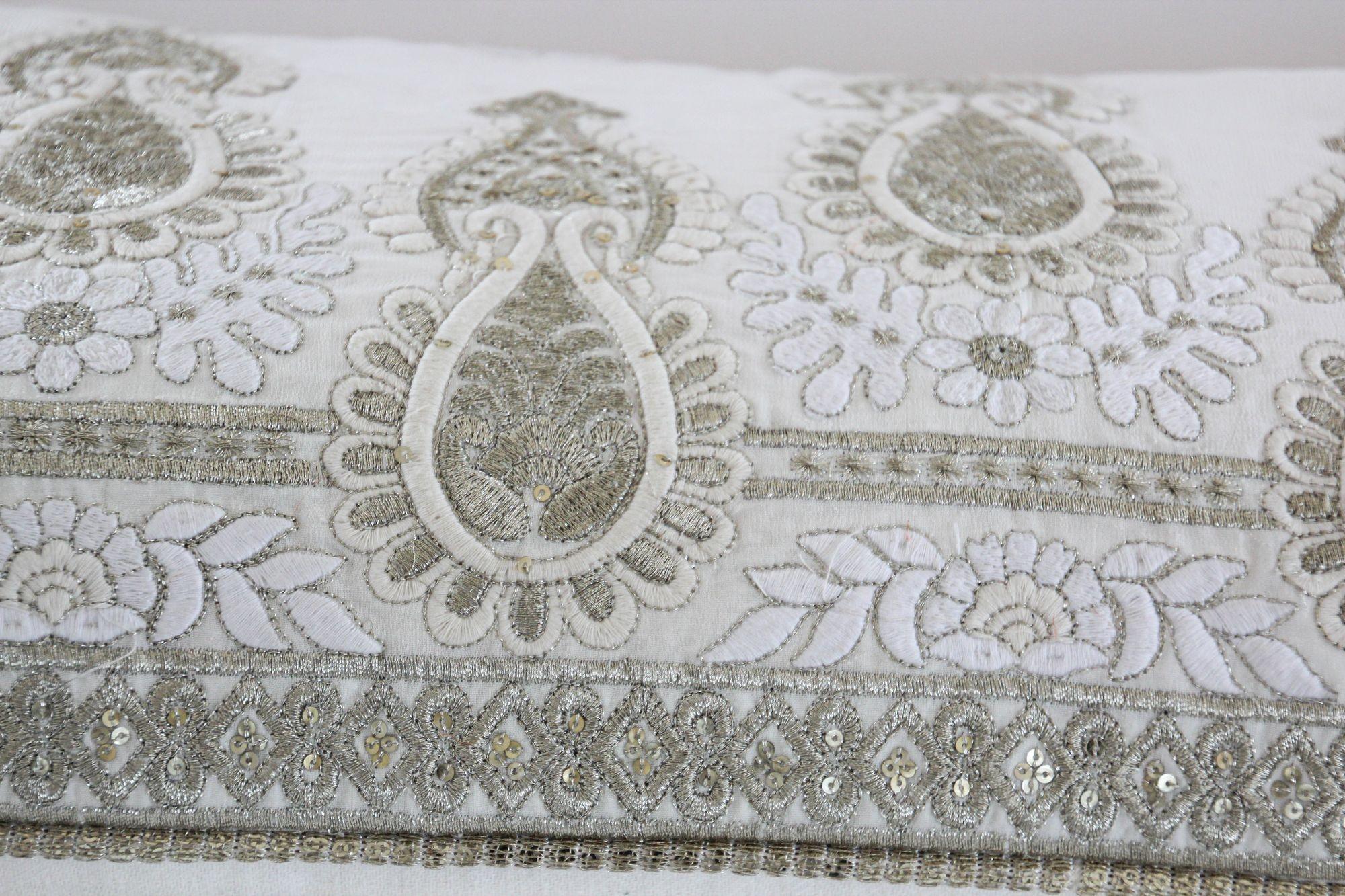 White and Silver Embroidered Mughal Style Throw Pillow For Sale 2