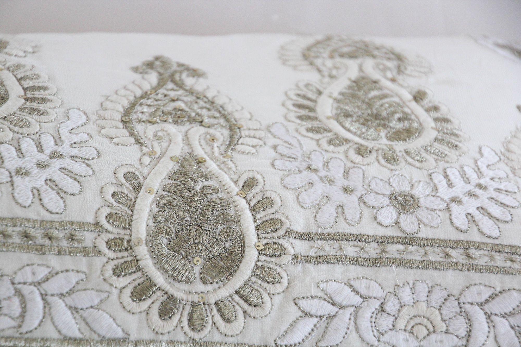 White and Silver Embroidered Mughal Style Throw Pillow For Sale 4