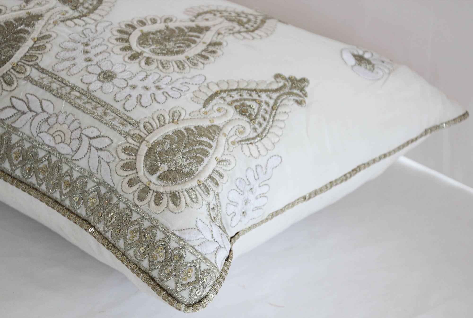 White and Silver Embroidered Mughal Style Throw Pillow For Sale 5