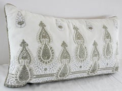 White and Silver Embroidered Mughal Style Throw Pillow